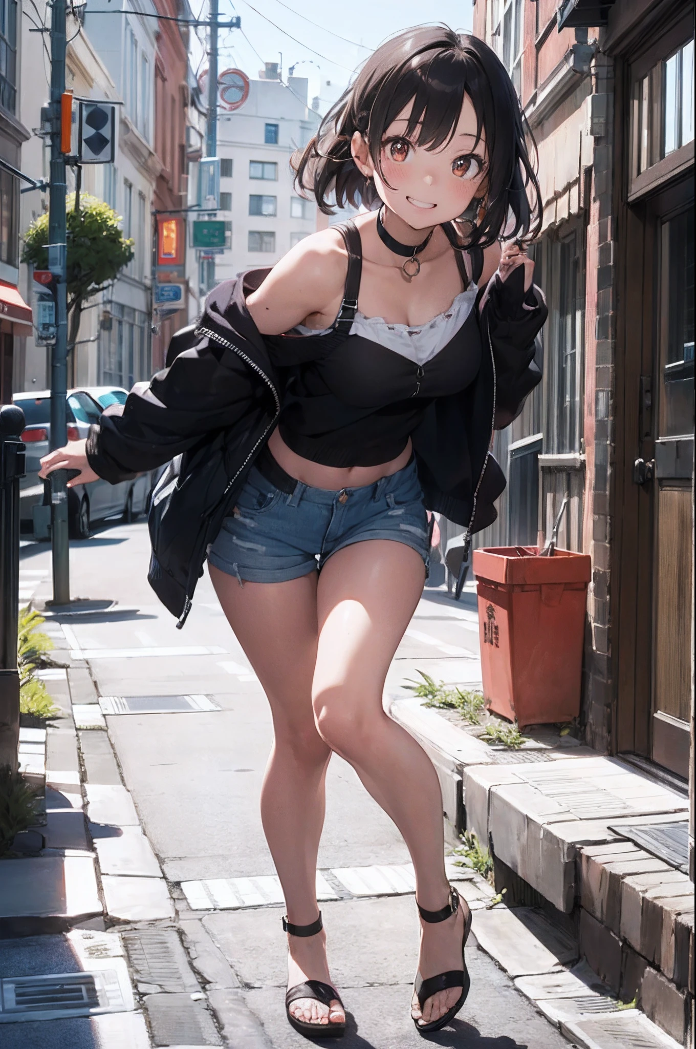 (Official art、Best Quality、Unity 8k Wallpapers、32K、​masterpiece、ultra-detailliert、超A high resolution、realisitic、Photorealsitic:1.2)、(Cinematic lighting:1.2)、Fireglow effect、film grains、Best Shadows、Rim lighting、side lights、sideshot、(Ultra-detailed and complex 3D rendering)、Detailed beautiful face and eyes、Sharp pupils、Realistic pupils、A slender、Medium bust、(Full body:1.2)、 Highly detailed background、beauitful face、blurry backround、16-year-old beautiful girl、(super detailed skin、detailed skin textures:1.3)、Orange hair、Brown-eyed、Hip Hop Cable、off shoulders、hotpants、(thighs thighs thighs thighs:0.8)、Knitted sandals、City at night、Grinning face、a choker、dynamicposes、