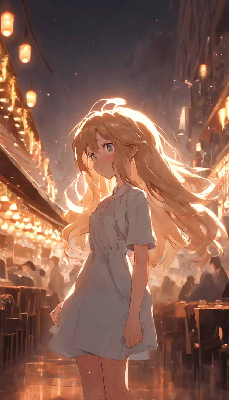 cinematic quality,Disney Animation Style,Cute girl with long golden hair in white dress。Restaurant at night。Detailed hair,high-heels,depth of fields,Highlight,Real Light,Ray traching,OC rendering,Ultra photo realsisim,best qualtiy,in 8K,Master the technology,Detailed anatomy of the human body,sharp focus on eyes,Detailed depiction of facial features,bokeh effects,longshot