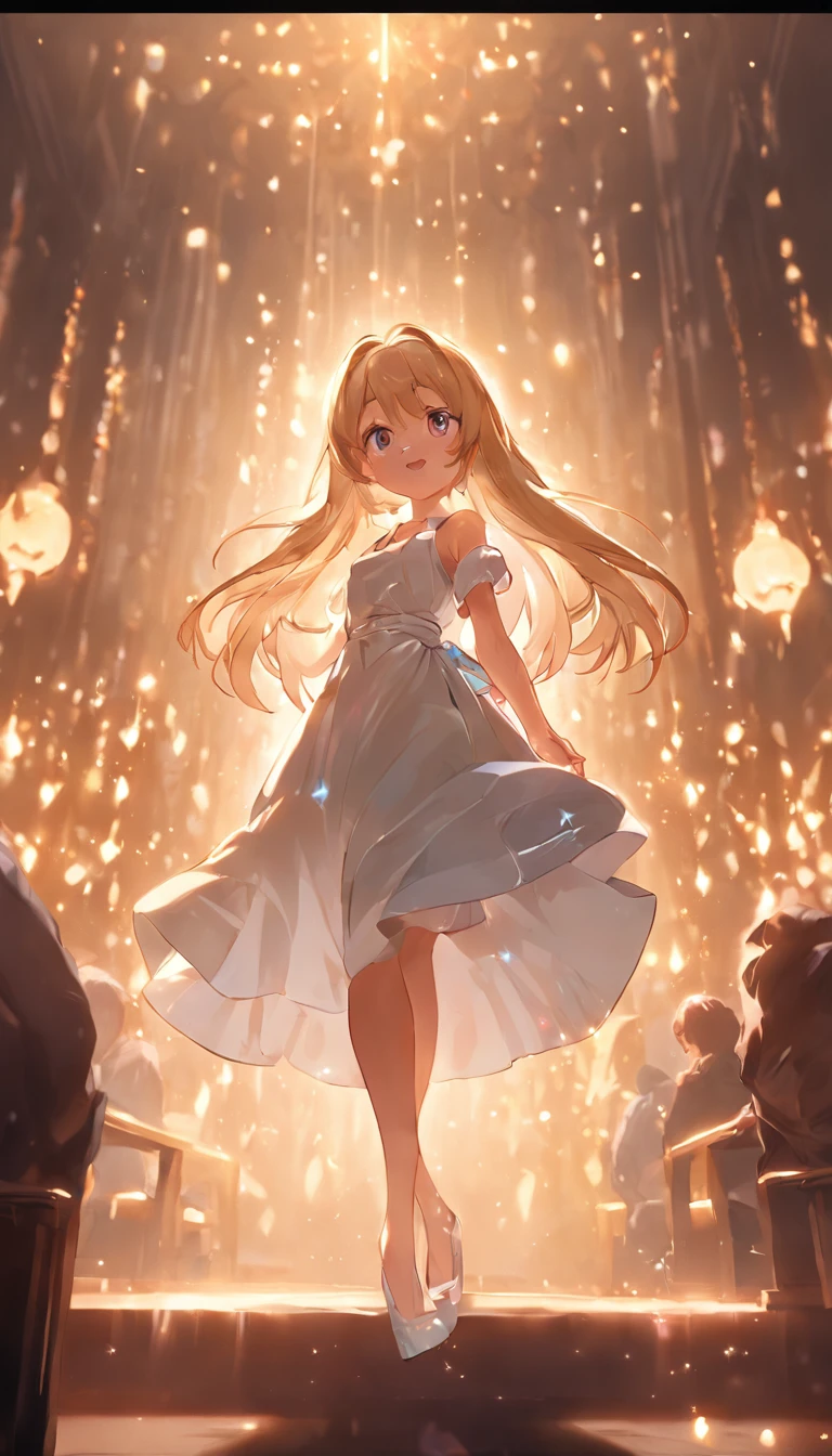 cinematic quality，Disney Animation Style，Cute girl with long golden hair in white dress。Restaurant at night。Detailed hair，high-heels，depth of fields，Highlight，Real Light，Ray traching，OC rendering，Ultra photo realsisim，best qualtiy，in 8K，Master the technology，Detailed ??????? of the human body，sharp focus on eyes，Detailed depiction of facial features，bokeh effects,longshot