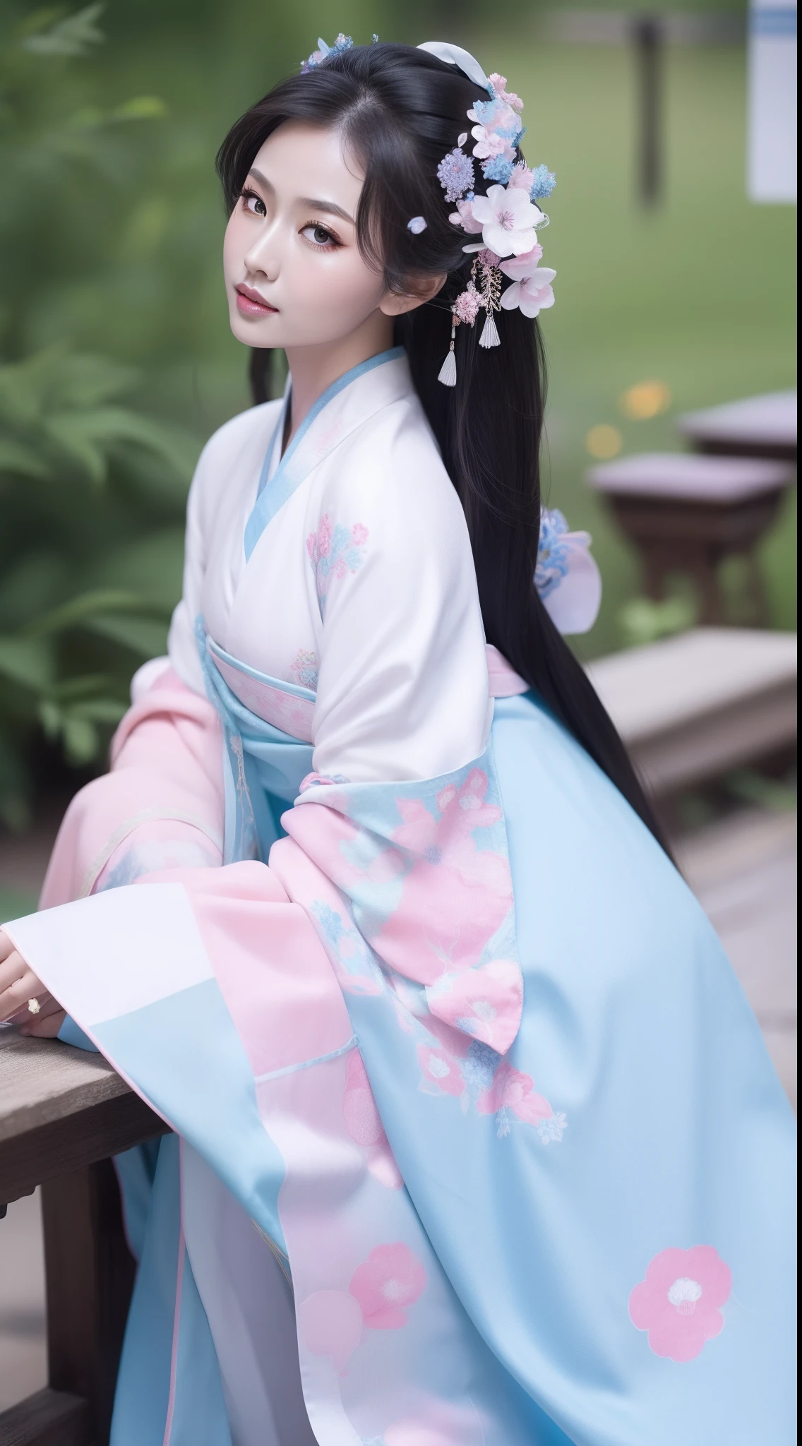 Ancient Chinese clothing，white apparel，The costume is a pink floral pattern，ancient china art style，Fashion model 18 years old [[[[closeup cleavage]]]], [[[[boobgasm]]]], [[[[coll]]]], [[[[bshoulders]]]], perfect  eyes, Perfect iris，Perfect lips，perfect teeth，Perfect skin，with fair skin，Soft front light，hdr，Movie girl，long whitr hair，The expression was melancholy，The background is outdoors，Light blue flowers，4K Ultra HD, 超高分辨率, (Photorealistic: 1.4), Best quality，Masterpiece，Utra dilution，（pastel colour：1.2）