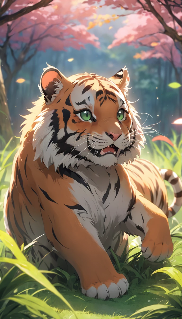 Cute little tiger，Fluffy，Vivid expressions，Play on the green grass，Bite your own tail，Vivid expressions，Natural soft light，Soft focus filter，Ultra-clear，Hyper-detailing，8K，A picture，3Drenderingof