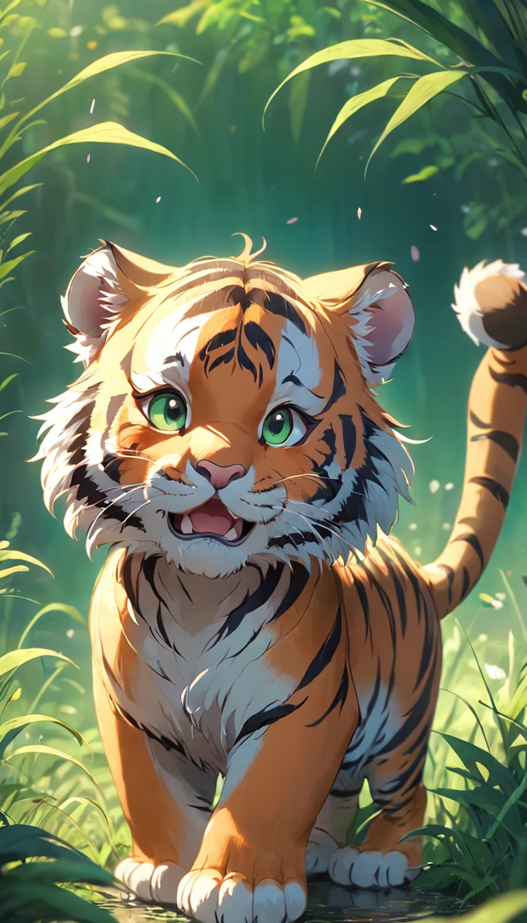 Cute little tiger，Fluffy，Vivid expressions，Play on the green grass，Bite your own tail，Vivid expressions，Natural soft light，Soft focus filter，Ultra-clear，Hyper-detailing，8K，A picture，3Drenderingof