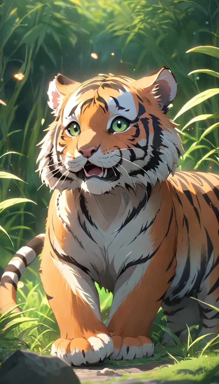 Cute little tiger，Fluffy，Vivid expressions，Play on the green grass，Bite your own tail，Vivid expressions，Natural soft light，Soft focus filter，Ultra-clear，Hyper-detailing，8K，A picture，3Drenderingof