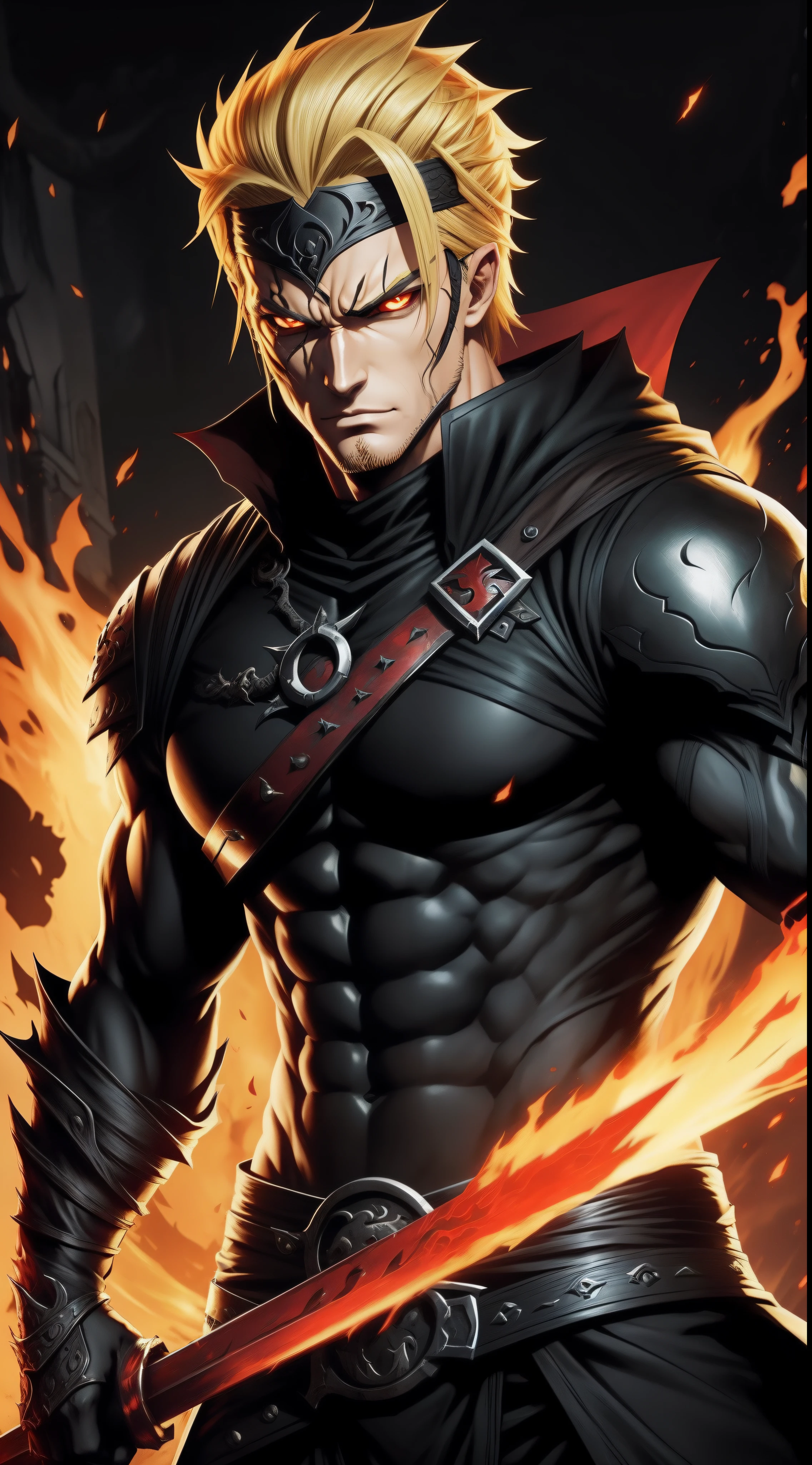 Zoro handsome face blond hair, black fire reflective body, red eyes, solo, alduin, darksiders style, darksiders art style, crazy guts, red sharp eyes, black ancalagon.