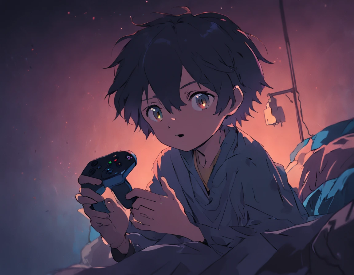 create an illustration and photograph of a scared boy in a dark room with a video game controller in his hands, the room is dark and it's night