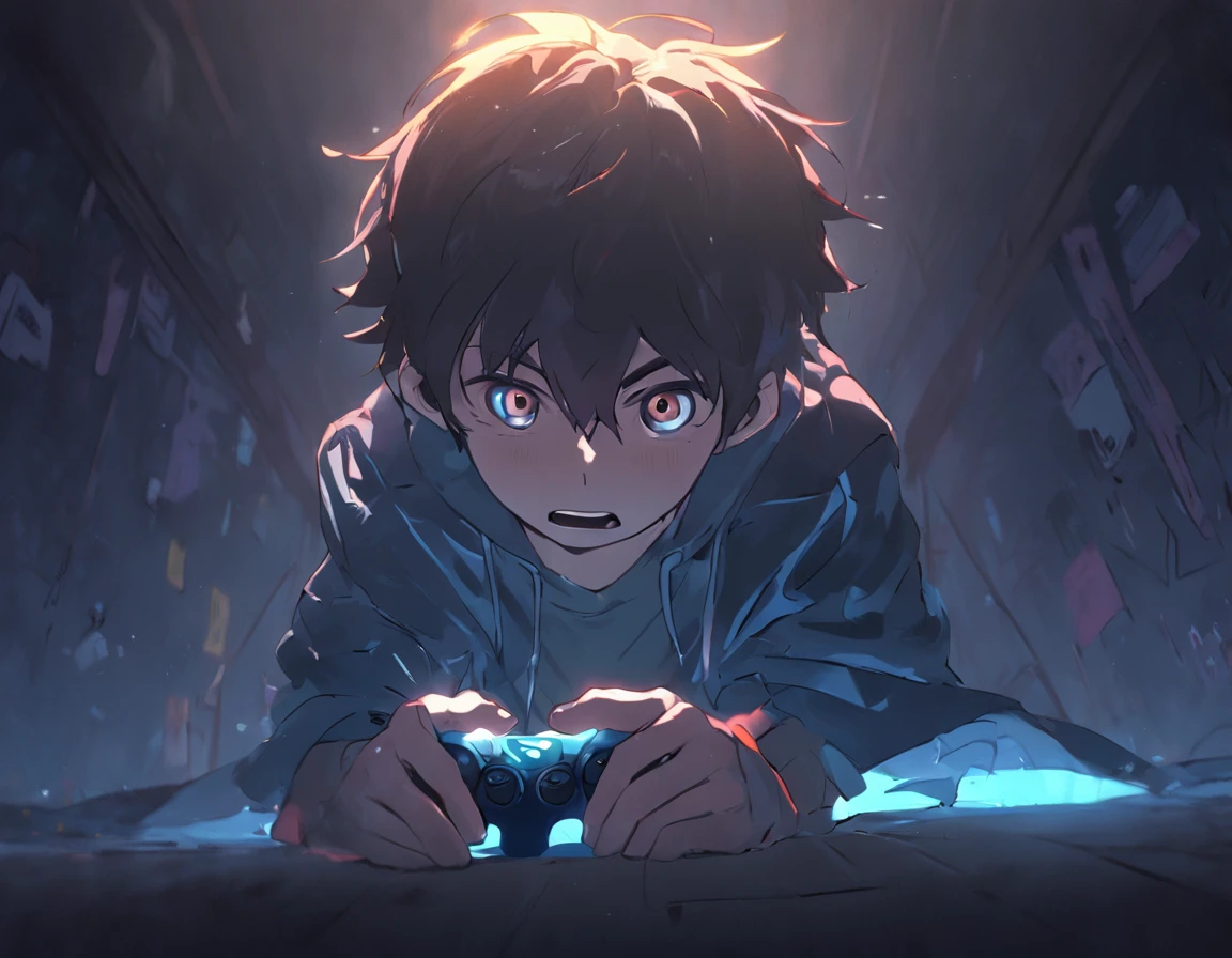 create an illustration and photograph of a scared boy in a dark room with a video game controller in his hands, the room is dark and it's night