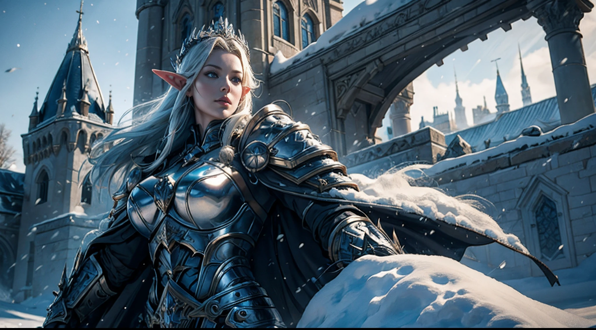 Female elf，Heavy armor，complex patterns，In the background is a huge castle，snow cover，diadems，Mid-range portrait，big sword, Film photography, analogue photography, filmgrain, Extreme detail, 4K, Ultra HD, hyper photorealism, trending on artstationh, Polished, Radiant, vibrant, Photorealistic, Backlight, hair light, 8K Ultra HD, Unreal Engine 5