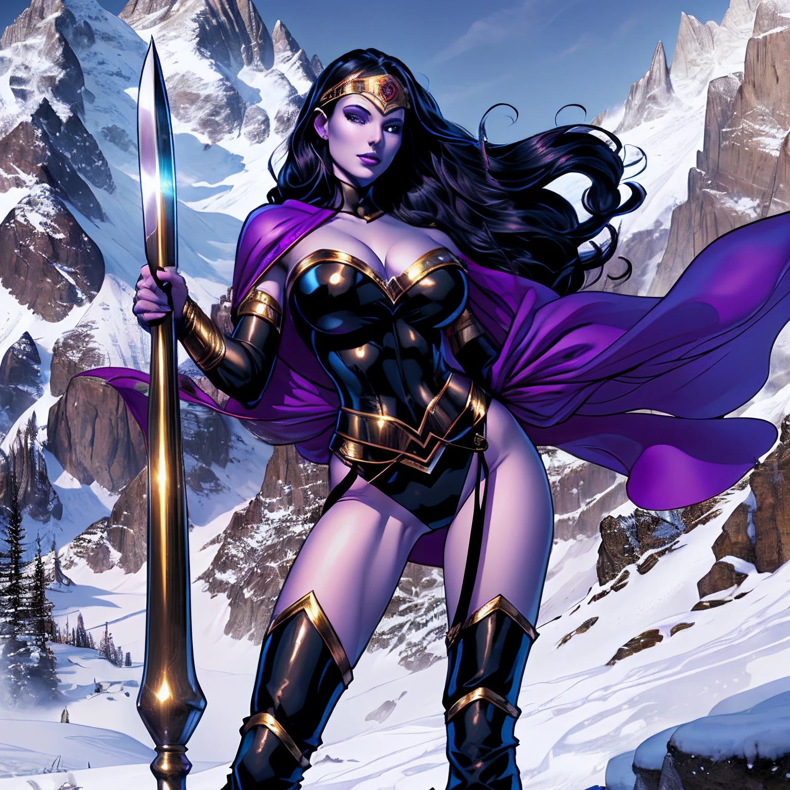 (masterpiece, top quality, best quality, official art, beautiful and aesthetic:1.2), (1girl:1.3), ((long black hair)), (((pale purple skin, pale blue skin, blue skin, purple skin))), extremely detailed, portrait, looking at viewer, solo, (full body:0.6), detailed background, close up, (cold night mountain theme:1.1), dark elf war dancer, charlatan, smirk, mysterious, swaying in mountains, skimpy attire, revealing gladiatrix costume, gold bikini, circlet, cowl, metal bikini, long boots, dual knives, violet fabric, black leather, gigantic breasts, slim waist, slim hips, long legs, medieval (mountain exterior:1.1) background, dark mysterious lighting, shadows, magical atmosphere, dutch angle