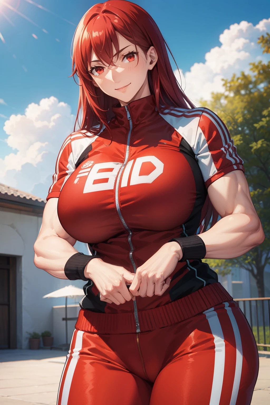 a mature tall muscular woman with big breasts long red hair and red eyes wearing sport clothes with a smile