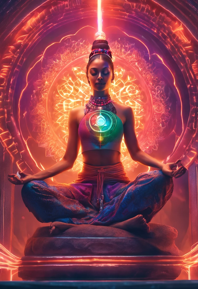 an image of the concept of chakra harmonization between body, mente e espirito em um ambiente da atmosfera terrestre reluzente