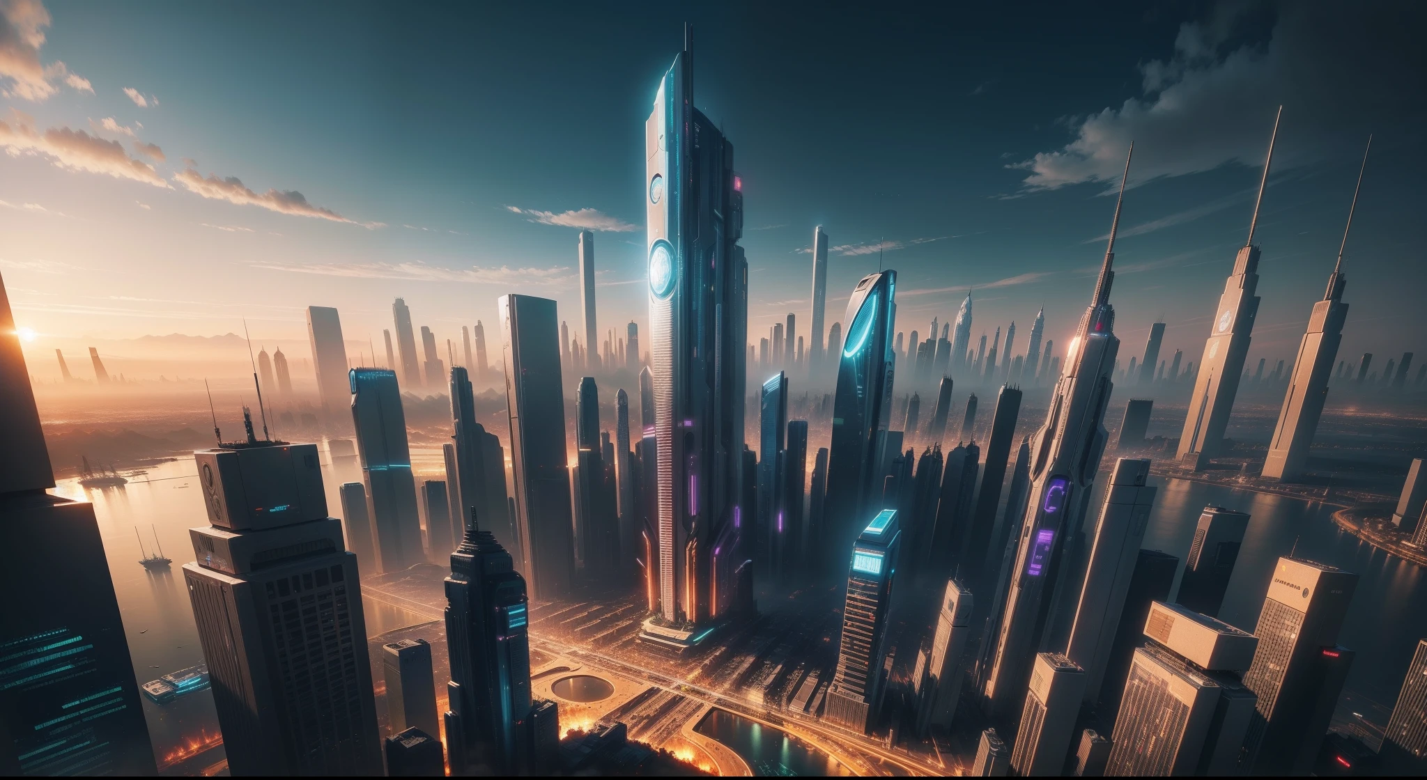 A close up of a city with skyscrapers and a river - SeaArt AI