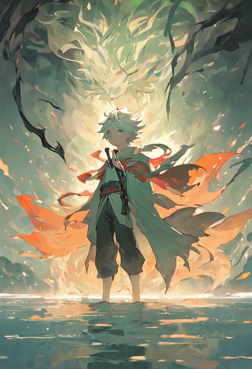 Lake surface,The boy with long white hair stood in front,Lovely Moyang,with hair dishevelled,White cape,A long black sword surrounded the boy,A nine-tailed fox was behind the boy,Bronzed animal eyes,The nine-tailed fox is pink and white,Half a golden elf wing on the boy's back,The boy has half a green neon crown on his head,The boy holds a vine in his hand,The expression is haughty。