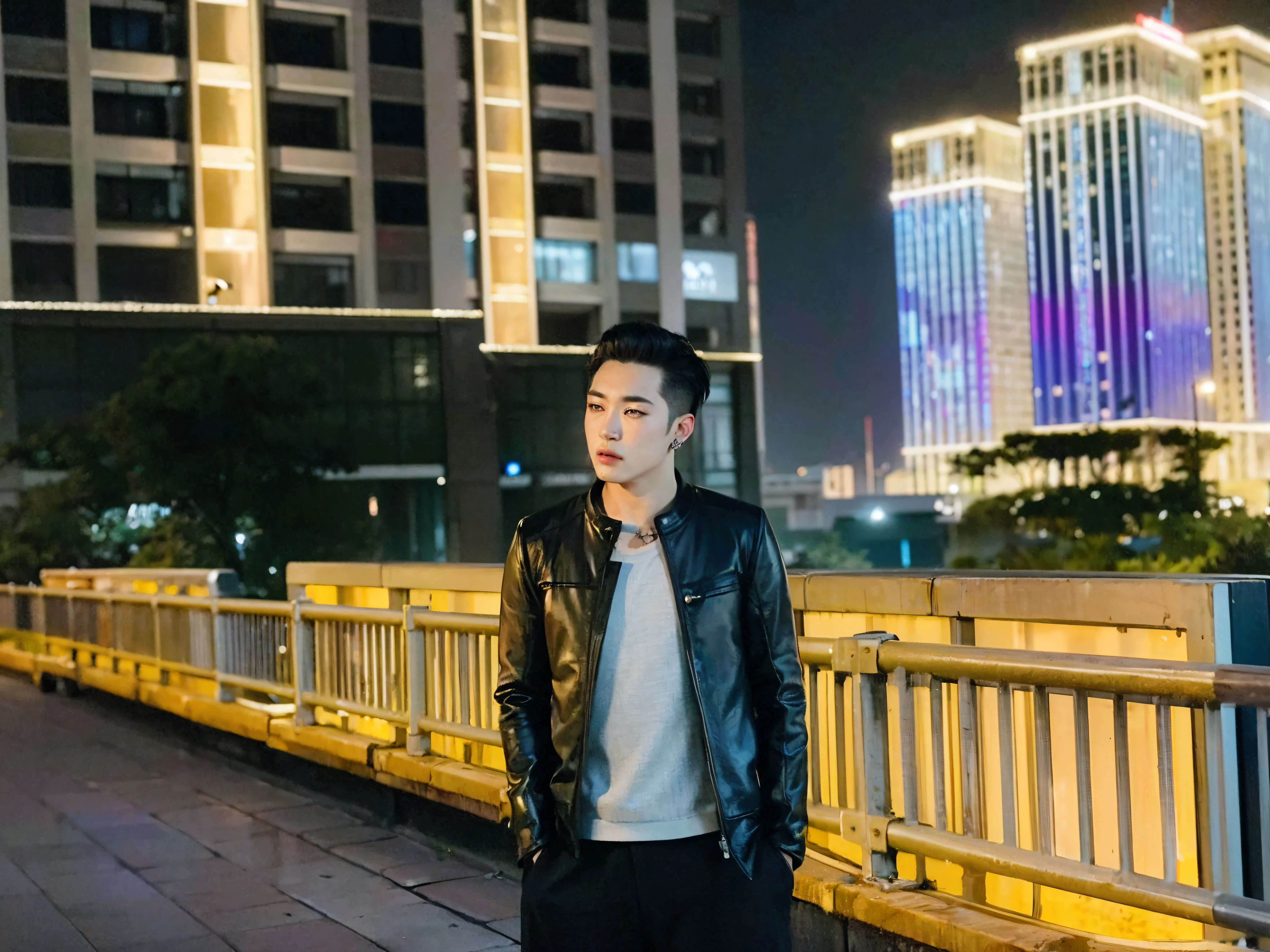 (8k photo, best quality, masterpiece),(realistic, photo-realistic:1.37) young ,handsome man, Mark Tuan, Got7, white skin, detail face, grey bright eye, white hair, black suit, bad boy, yakuza, tattoo, smoke cigarrate, a lots gangster night town in backdrop, action pose, skull earring, necklage, realistic faces, luxurious, detailed, best quality, more details,