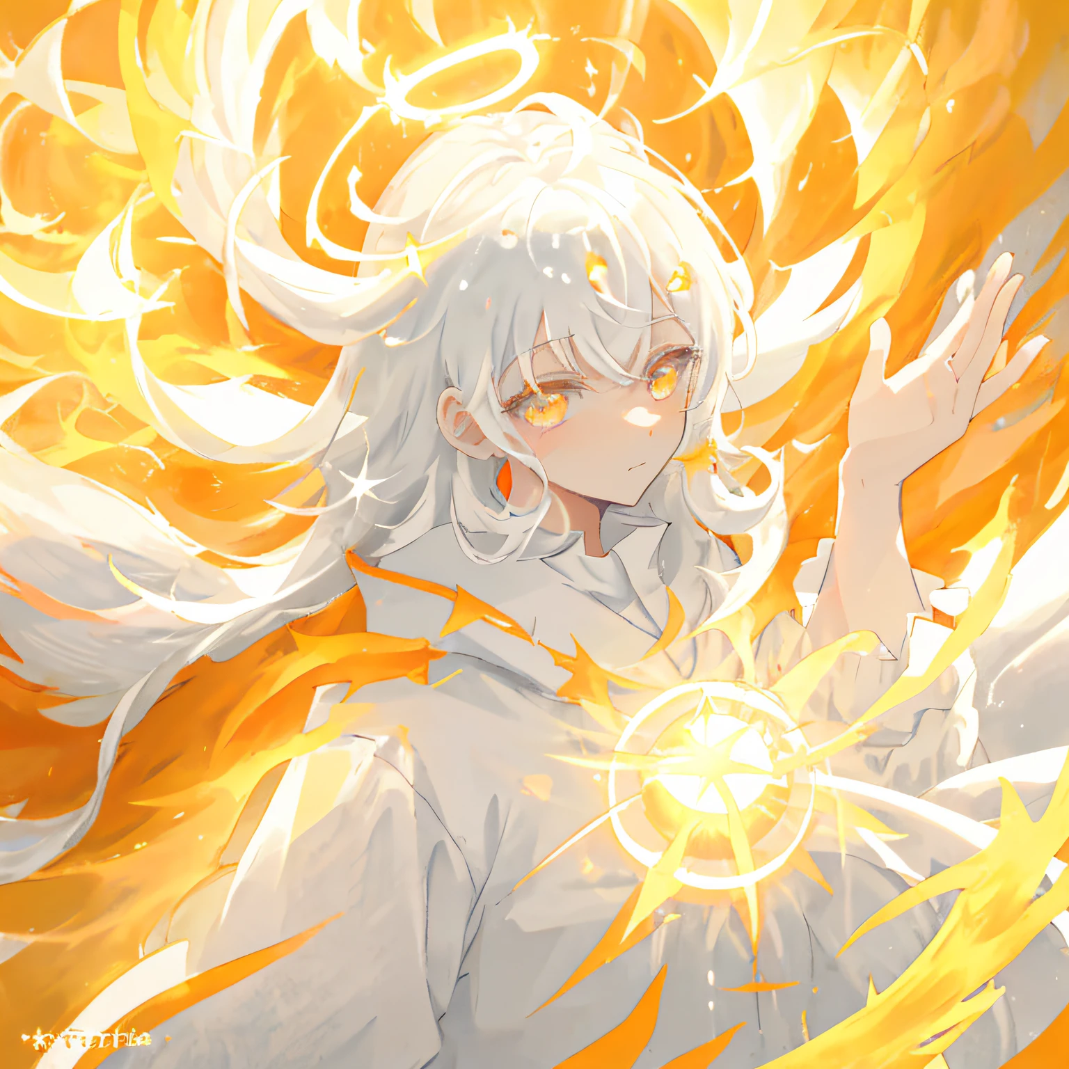 Anime - Style illustration of a man with white hair and a white shirt, White-haired god, A glowing halo overhead, holy flame spell, glowing angelic being, hot with shining sun, holy fire spell art, The sun is exploding, white hair floating in air, ray of light through white hair, Guviz, holy flame crown spell, Glowing white face
