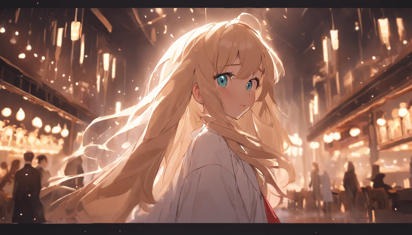 cinematic quality，Disney Animation Style，Cute girl with long golden hair in white dress。Restaurant at night。Detailed hair，high-heels，depth of fields，Highlight，Real Light，Ray traching，OC rendering，Ultra photo realsisim，best qualtiy，in 8K，Master the technology，Detailed anatomy of the human body，sharp focus on eyes，Detailed depiction of facial features，bokeh effects,longshot