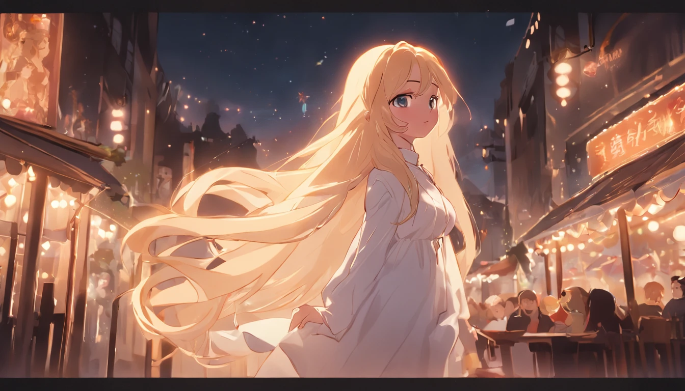 cinematic quality，Disney Animation Style，Cute girl with long golden hair in white dress。Restaurant at night。Detailed hair，high-heels，depth of fields，Highlight，Real Light，Ray traching，OC rendering，Ultra photo realsisim，best qualtiy，in 8K，Master the technology，Detailed anatomy of the human body，sharp focus on eyes，Detailed depiction of facial features，bokeh effects,longshot