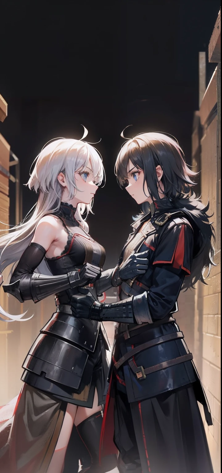 Two serious women wearing black technological dress in combat pose , uma mulher de longos cabelos negros contra uma mulher palida de cabelos brancos longos, peitos grandes, seios grandes, buceta, bunda grande, two woman vs, seios grandes gigantes, decote, agressividade