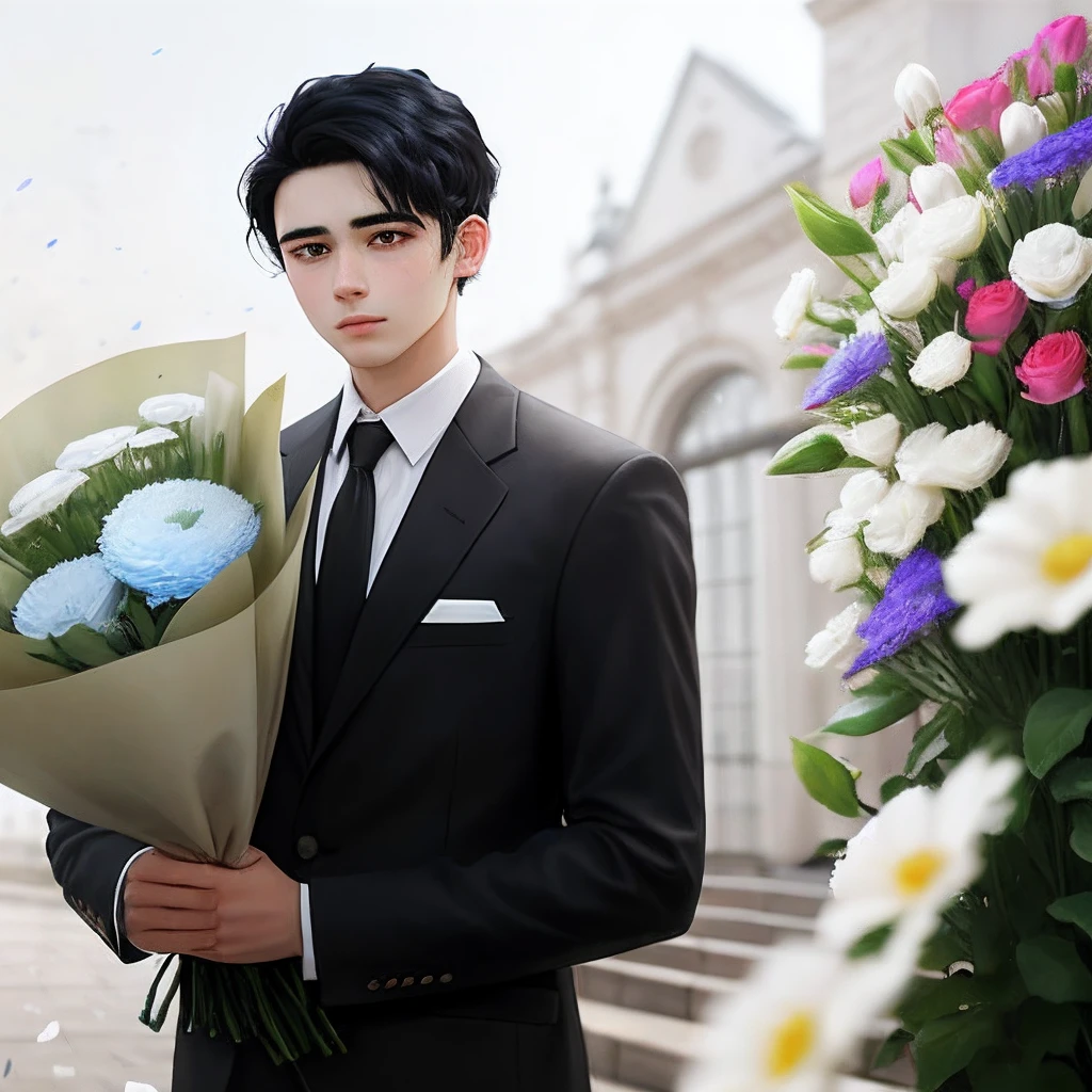 A young man with black hair,Holding a large bouquet of flowers in both hands,The flowers are white,There are white petals falling around