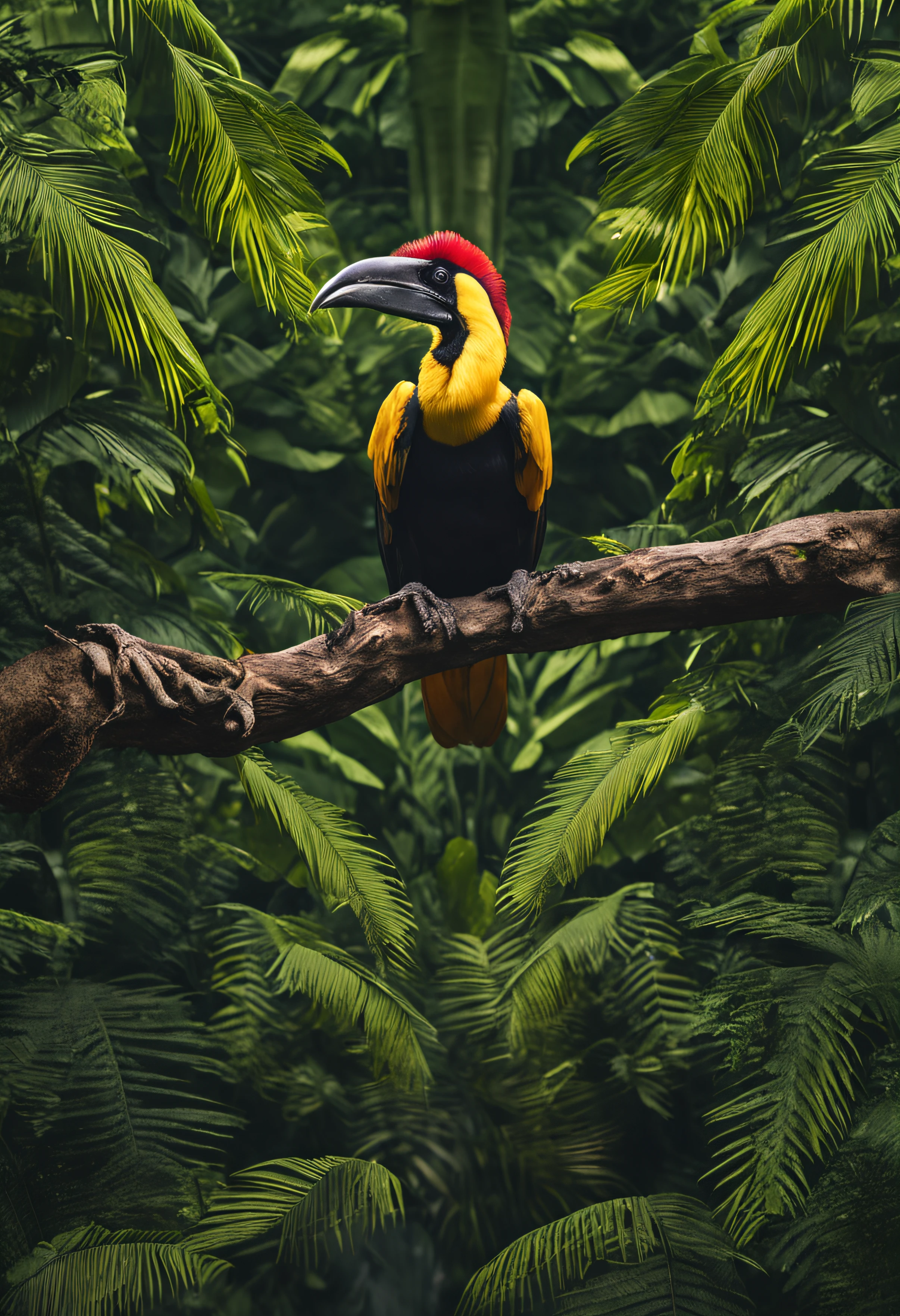 High nation-geographic symmetrical close-up portrait shoot in green jungle of an expressive GREAT HORNBILL , anamorphic lens, ultra-realistic, hyper-detailed, green-core, jungle-core –ar 16:9 –q 2 –v 5