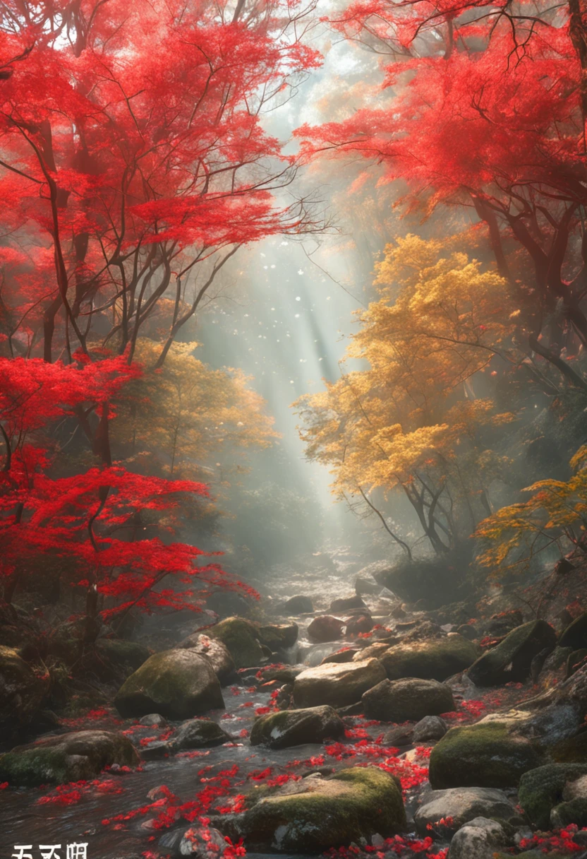 rays of sunshine,Red Maple,jungles,rios,Highest image quality,8K分辨率,(a mosaic),Hard-edge Painting,watercolor paiting,8K,Matte look,Li Tang,Impressionism,Ultra-close-up,ultra-wide-angle,hyper HD,ultra fine detailed,octaneratingrendering,Studio quality