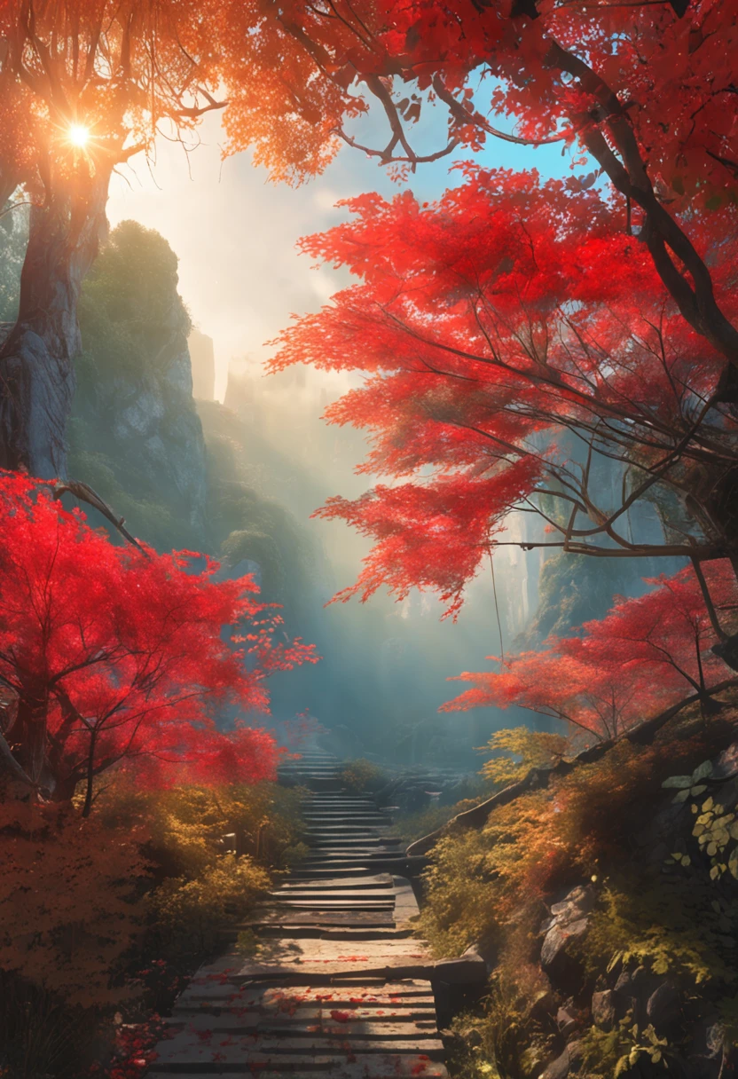 rays of sunshine,Red Maple,jungles,rios,Highest image quality,8K分辨率,(a mosaic),Hard-edge Painting,watercolor paiting,8K,Matte look,Li Tang,Impressionism,Ultra-close-up,ultra-wide-angle,hyper HD,ultra fine detailed,octaneratingrendering,Studio quality