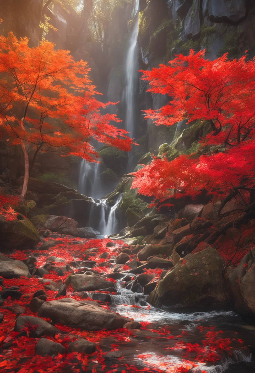 rays of sunshine,Red Maple,jungles,rios,Highest image quality,8K分辨率,(a mosaic),Hard-edge Painting,watercolor paiting,8K,Matte look,Li Tang,Impressionism,Ultra-close-up,ultra-wide-angle,hyper HD,ultra fine detailed,octaneratingrendering,Studio quality