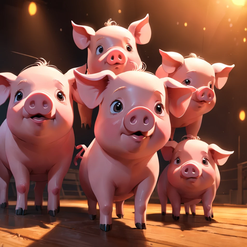 With the sunset in the background,(masterpiece:1.2, high quality), Several little pigs sleeping together in bed、