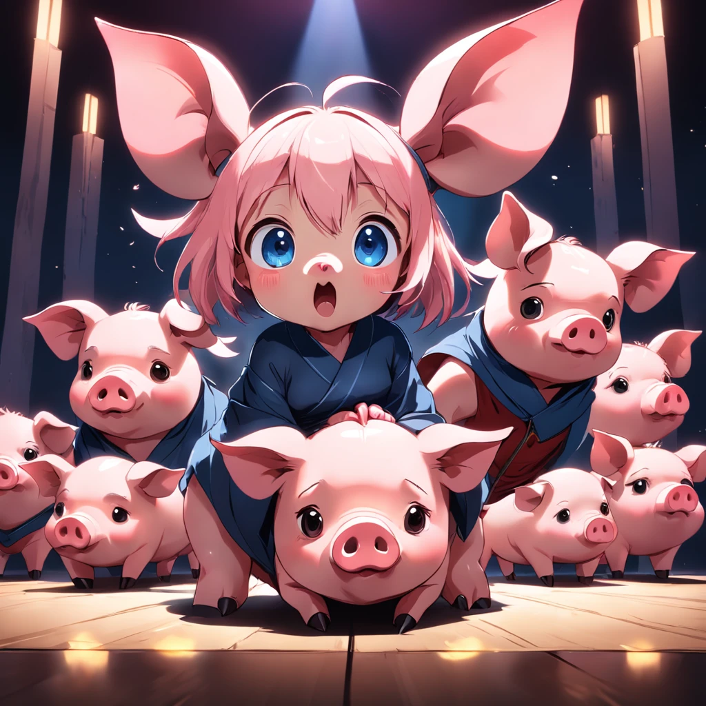 Draw 8 cartoon pigs，3D style，blender，adolable