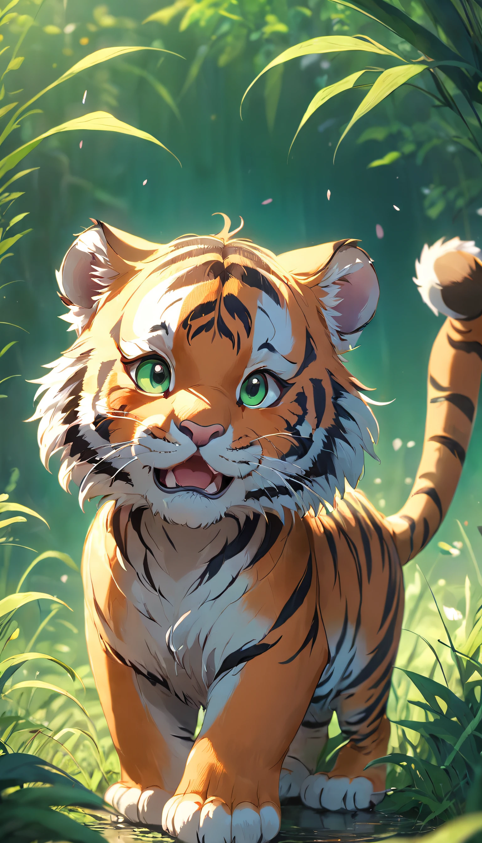 Cute little tiger,Fluffy,Vivid expressions,Play on the green grass,Bite your own tail,Vivid expressions,Natural soft light,Soft focus filter,Ultra-clear,Hyper-detailing,8K,A picture,3Drenderingof