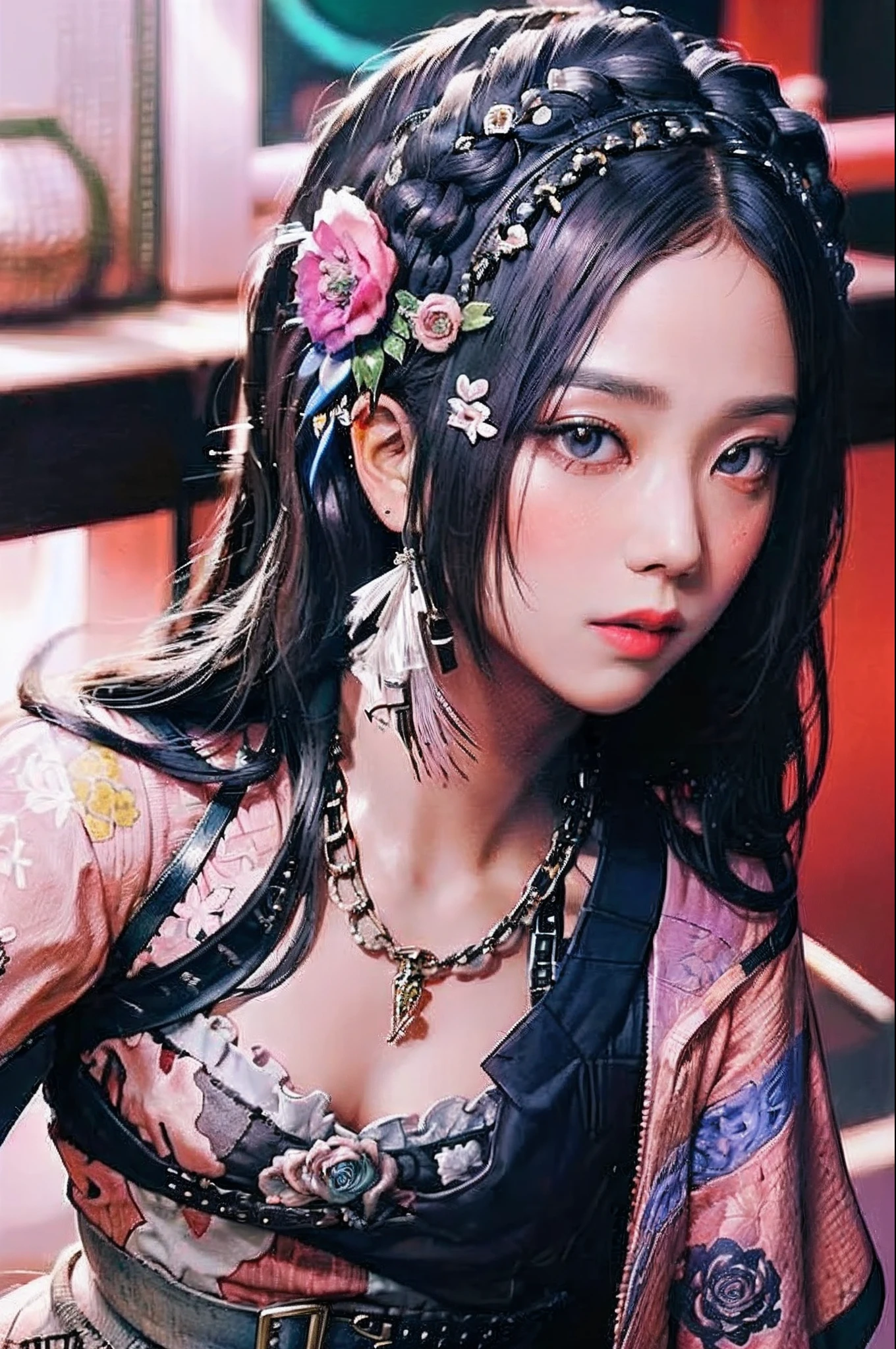 1girl, solo, waist up, look at the viewer, from above, (zentangle, mandala, tangle, entangle), (flower blossom:1.2), official art, unity 8k wallpaper, ultra-detailed, aesthetic, masterpiece, best quality, photorealistic,