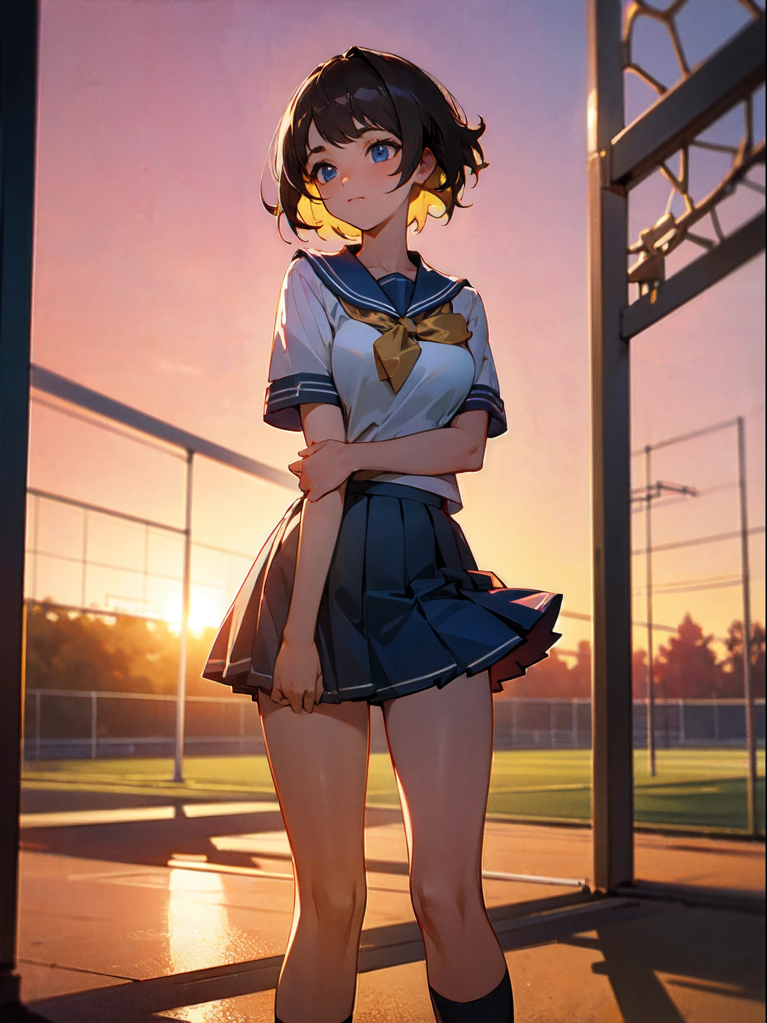 beautiful, white shirt, sailor uniform, mini skirt, brown short hair, blue eyes, medium breast, (masterpiece:1.3), (vibrant:1.2), high quality, high resolution, (background: golden hour, sunset, school, Sports field), ray tracing, global illumination