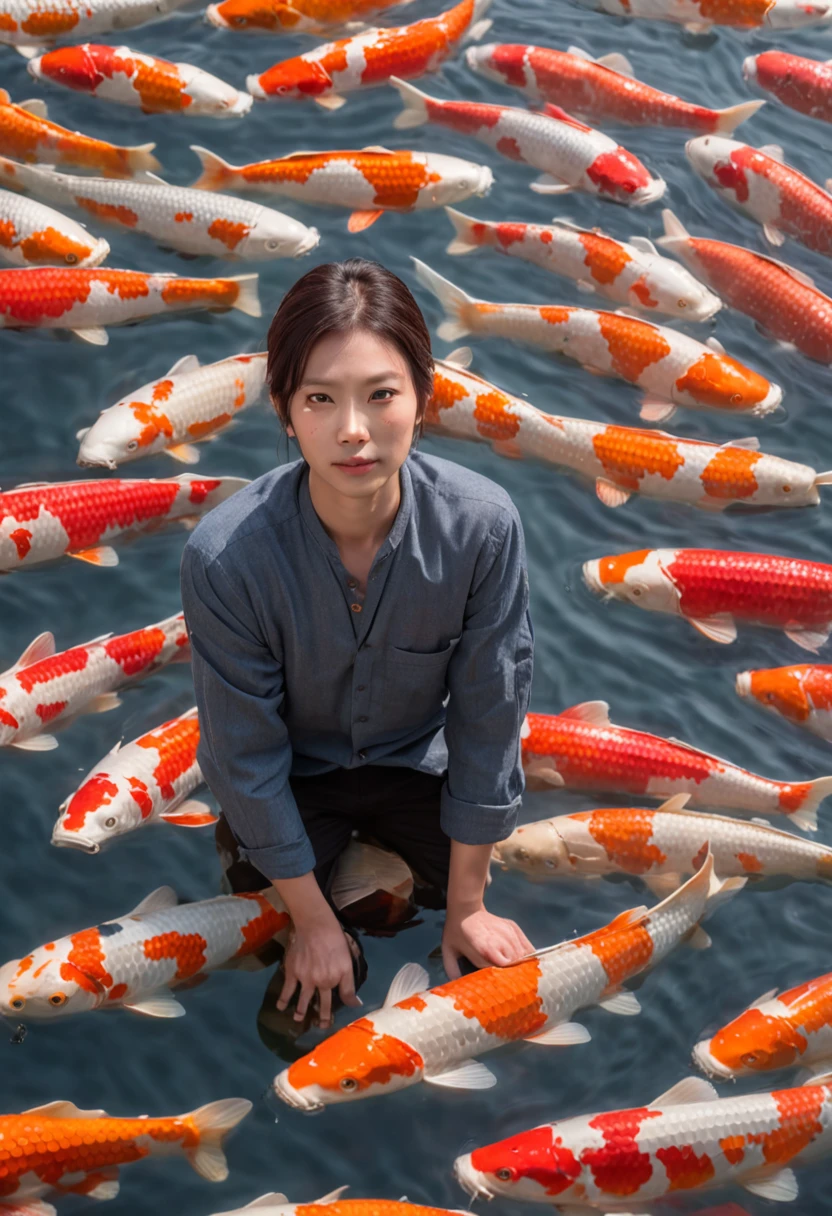 Portrait Photography of an individual, with expressive eyes, amidst a swarm of colorful Koi fish, in a wooden boat on a calm pond, emphasizing the symbiotic relationship of coexistence, close-up with a shallow depth of field, dappled sunlight creating a mesmerizing pattern, photographed by Takashi Yasumura, drawing from the zen ethos of Japan, instilling a meditative state of mind, the pristine clarity of water ripples, showcased in international art galleries, 8k, Sharp leather details, Real leather details, pores on the skin