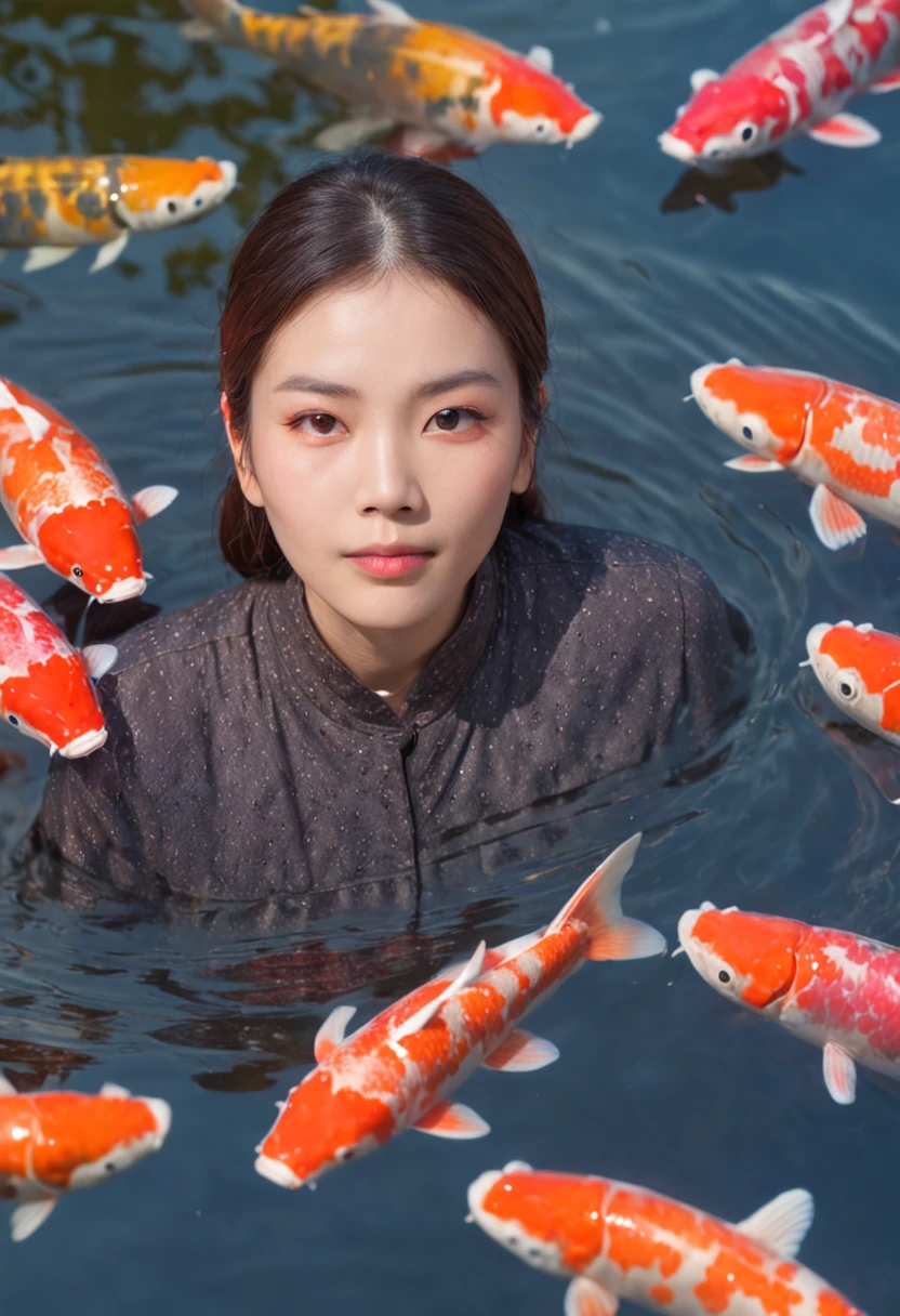 Portrait Photography of an individual, with expressive eyes, amidst a swarm of colorful Koi fish, in a wooden boat on a calm pond, emphasizing the symbiotic relationship of coexistence, close-up with a shallow depth of field, dappled sunlight creating a mesmerizing pattern, photographed by Takashi Yasumura, drawing from the zen ethos of Japan, instilling a meditative state of mind, the pristine clarity of water ripples, showcased in international art galleries, 8k, Sharp leather details, Real leather details, pores on the skin