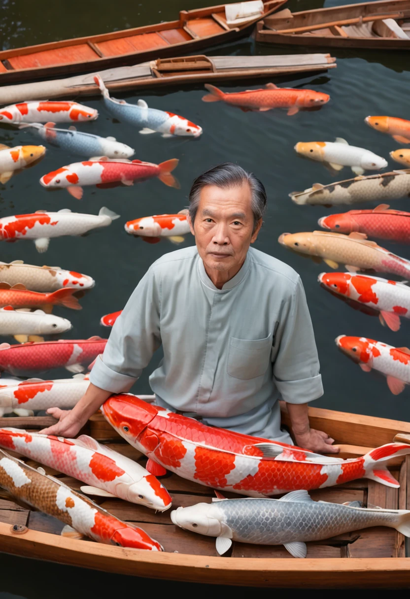 Portrait Photography of an individual, with expressive eyes, amidst a swarm of colorful Koi fish, in a wooden boat on a calm pond, emphasizing the symbiotic relationship of coexistence, close-up with a shallow depth of field, dappled sunlight creating a mesmerizing pattern, photographed by Takashi Yasumura, drawing from the zen ethos of Japan, instilling a meditative state of mind, the pristine clarity of water ripples, showcased in international art galleries, 8k, Sharp leather details, Real leather details, pores on the skin