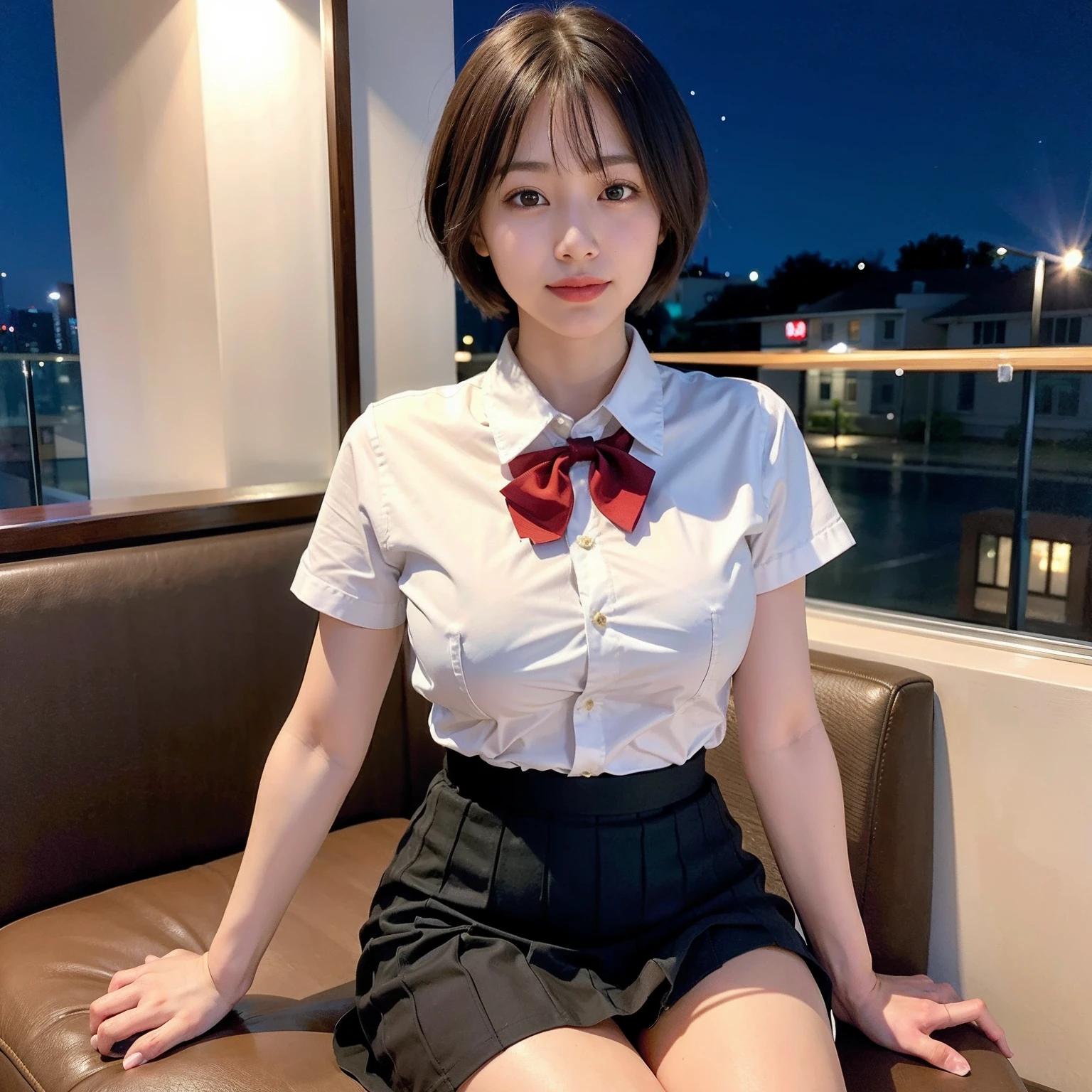 (8K, RAW photo, Best Quality, Masterpiece: 1.2), (Realistic, Photorealistic: 1.37), Ultra HD, 1 girl, Cute, Solo, Beautiful sky, Detailed cafe, Night, Sitting, date, (nose lip), (smile: 1.1), (closed), medium breasts, beautiful eyes, (collared shirt: 1.1), bow tie, pleated skirt, (short hair: 1.2), floating hair