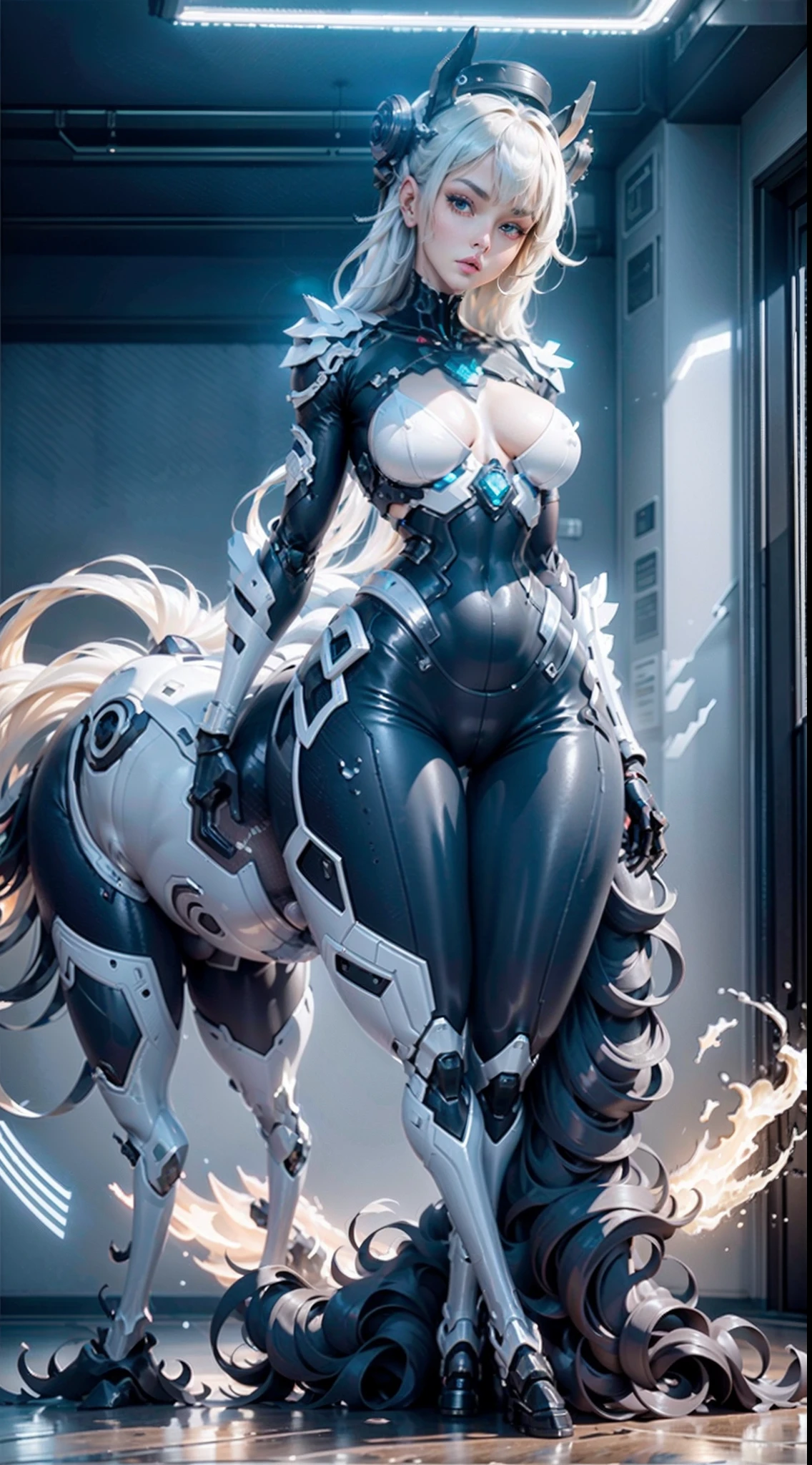 （A female centaur：1.5），She is both（Female: Centaur, half human, half horse, half horse, half horse：1.5），It is also a female Yingzhao。She blends both images，The first is：（（The head of the horse/neck/Shoulder these parts，Replaced with a beautiful female human upper body）：9.9），'s（Female, half-centaur, half-human, half-horse, half-human：1.5），The second is：（（The head of the horse/neck/lower back/hason/gluteal/Shijo Thigh Female Embodiment）：9.9），'s（Seamless chimera of a female half-horse with a beauty：9.9），（It's like a chimera of a female human and a half-horse costume：9.9），This chimerism is based on a strong future（Technologie：1.5）above。The ultra-wide-angle lens captures the image of her beautiful and ethereal wings on the ionosphere launching a super-high-speed charge and leaping。Her front half is distinctly feminine，Tall sexy body，possessed（K cup giant coconut tit chest：9.9），Has（Narrowed small brute waist 5.5）、Butterfly cross、（Long legs：9.9），The embedded interface of the bent female metamorphosis part of the back half of the body is at the hip position of the front half of the body。（The horse-shaped, half-horse torso form of her back body is completely female humanization9.9）。Translucent fluid flowing from the（Narrowed sternum 5.5）The upper end begins to embed the chest cavity of a woman in the shape of a bent dog style at the back of the beautiful woman's body/lower back/Ventral transverse。Then there are the sexy beauty's upright hips，（Her entire body has been completely female and replaced by a female body：9.9），Including the half-horse part。Mechanized armor covers the legs with knee-shaped anti-joints and feet，And these parts are highly anthropomorphic，This makes her legs graceful and slender，Her four horse legs exploded in length proportions and was slender and toned，Under the legs are skinny white feet dressed in Skyscraper Heels，Use Midjourney's advanced stroke tools and color palettes, as well as texture packs, model packs, and texture tools，Concentration，Include