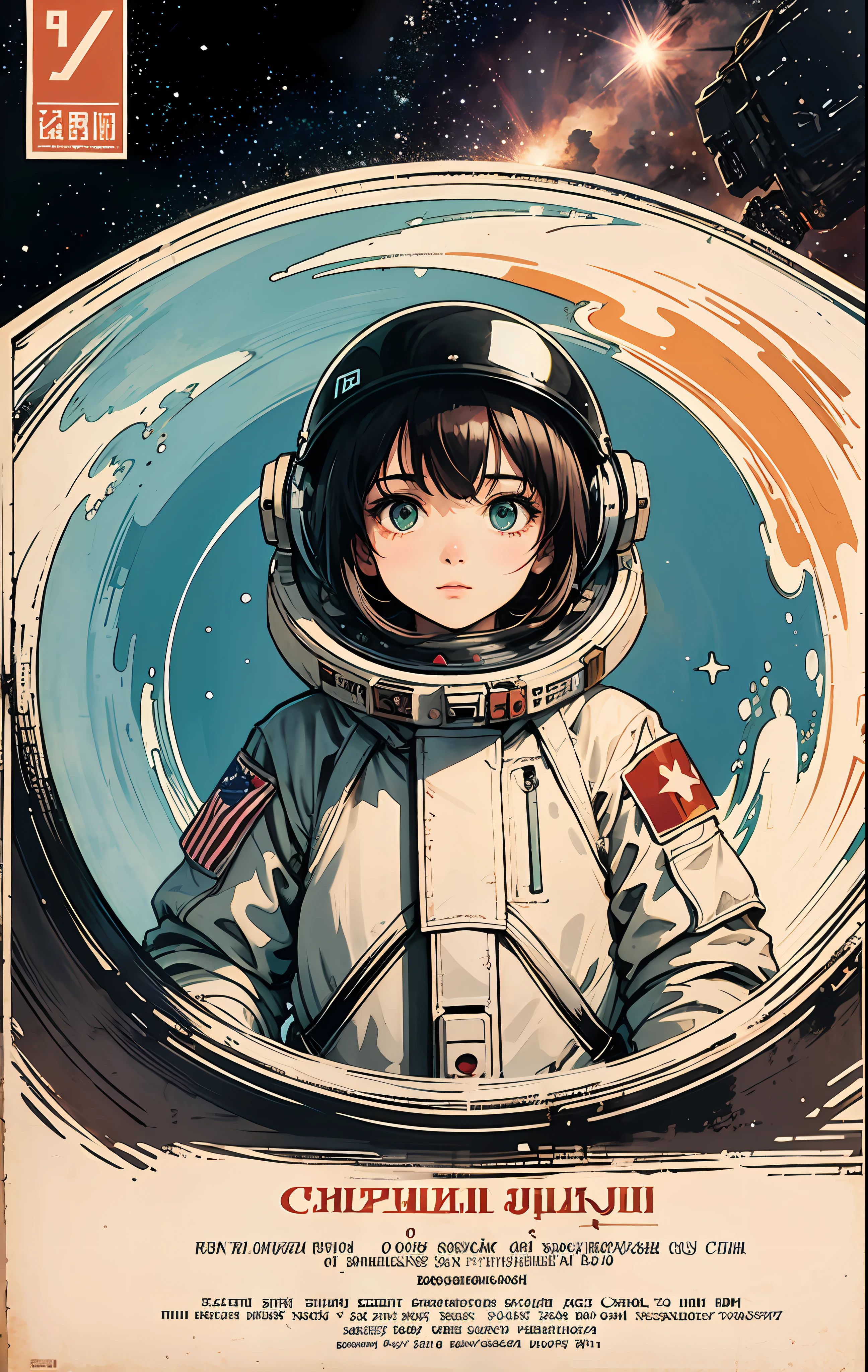 1girl, Gorgeous green eyes and details, shiny hair, Black hair, hair between the eyes, straight, Centered in the middle of the screen, looking up flat, cccp poster, On a coffee-colored sheet, style old news, soviet poster, Adolescent, USSR style, In outer space, star sea, the letters CCCP in red on the top of the helmet, weightlessness, side light, reflection, reflected sunlight, space suit