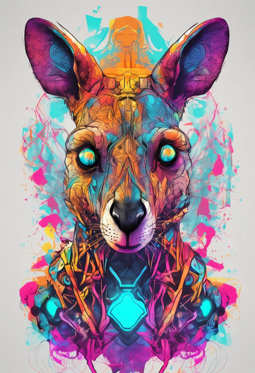 Man Kangaroo Muscular Colorful Chromatic Tattoos Standing Front Neon Cybernetic White Transparent Background