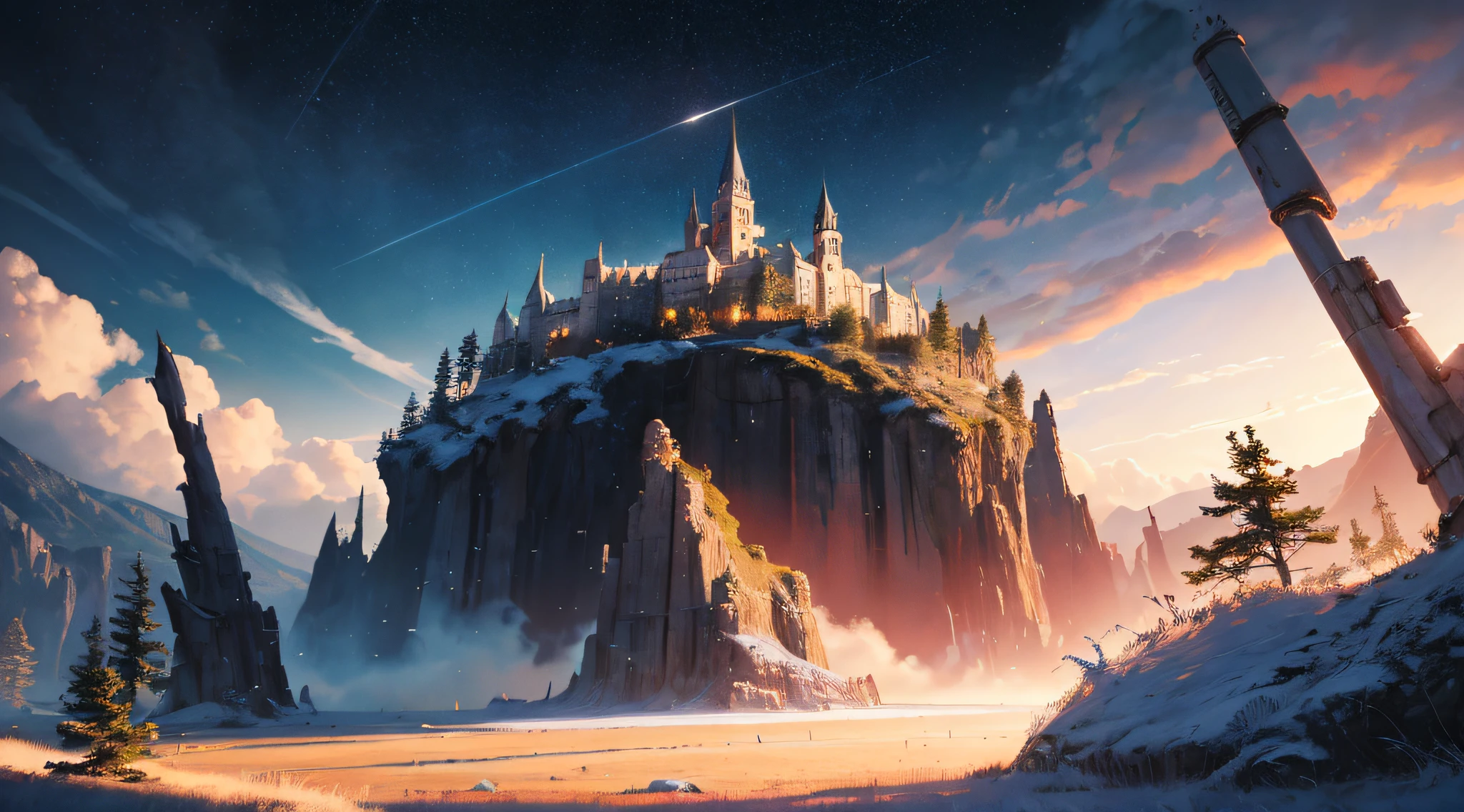There is a castle on a mountain with a sky background, Jessica Rossier Arte de fantasia, Arte digital altamente detalhada em 4k, pintura fosca em estilo fantasia, Inspirado em Jessica Rossier, illustration matte painting, Papel de parede de arte conceitual 4K, 3 d render bipe, arte fantasia behance, Esquema de cores Jessica Rossier, Por Jessica Rossier