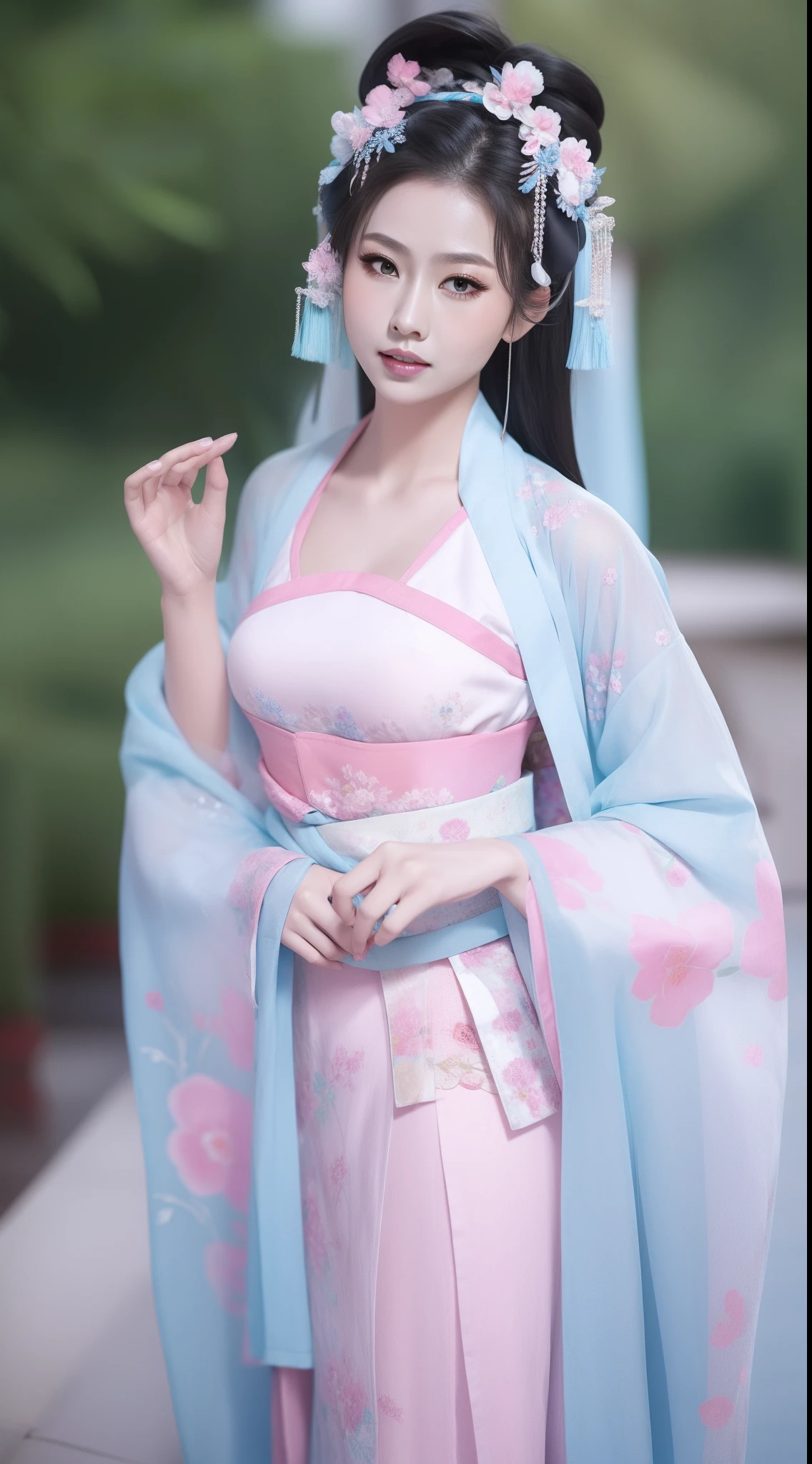 Ancient Chinese clothing，white apparel，The costume is a pink floral pattern，ancient china art style，Fashion model 18 years old [[[[closeup cleavage]]]], [[[[boobgasm]]]], [[[[coll]]]], [[[[bshoulders]]]], perfect  eyes, Perfect iris，Perfect lips，perfect teeth，Perfect skin，with fair skin，Soft front light，hdr，Movie girl，long whitr hair，The expression was melancholy，The background is outdoors，Light blue flowers，4K Ultra HD, 超高分辨率, (Photorealistic: 1.4), Best quality，Masterpiece，Utra dilution，（pastel colour：1.2）