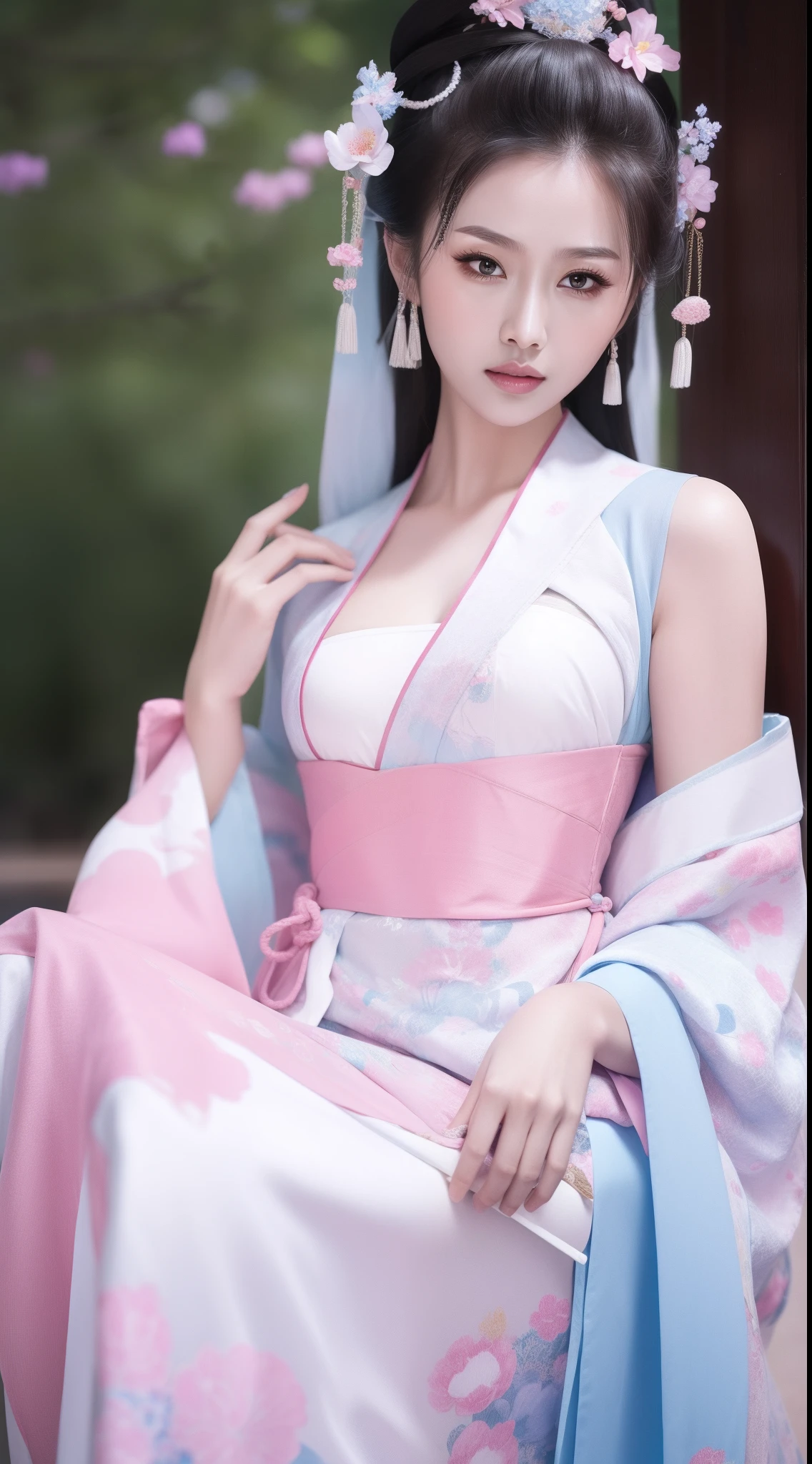 Ancient Chinese clothing，white apparel，The costume is a pink floral pattern，ancient china art style，Fashion model 18 years old [[[[closeup cleavage]]]], [[[[boobgasm]]]], [[[[coll]]]], [[[[bshoulders]]]], perfect  eyes, Perfect iris，Perfect lips，perfect teeth，Perfect skin，with fair skin，Soft front light，hdr，Movie girl，long whitr hair，The expression was melancholy，The background is outdoors，Light blue flowers，4K Ultra HD, 超高分辨率, (Photorealistic: 1.4), Best quality，Masterpiece，Utra dilution，（pastel colour：1.2）