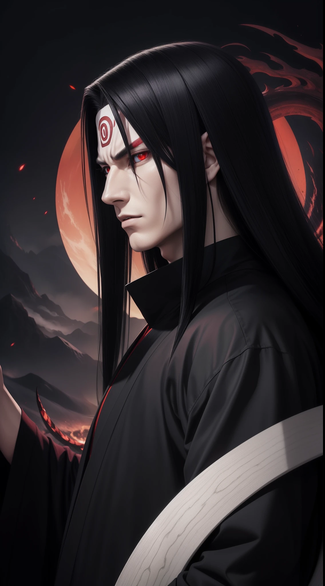 Hot profile picture, masterpiece, solo, extremely accurate rendering, cool beautiful Orochimaru, reliable young man, savior of the world, simple design, best picture, 8K, red eyes pale, the same color as the original demon ninja.