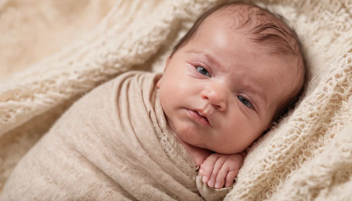 CLOSE UP OF THE NEWBORN SON OF MARIA AND JOSÉ DA BIBLIA, IN THE MANGER, RUSTIC PLACE, CINEMATIC IMAGE, 8K.