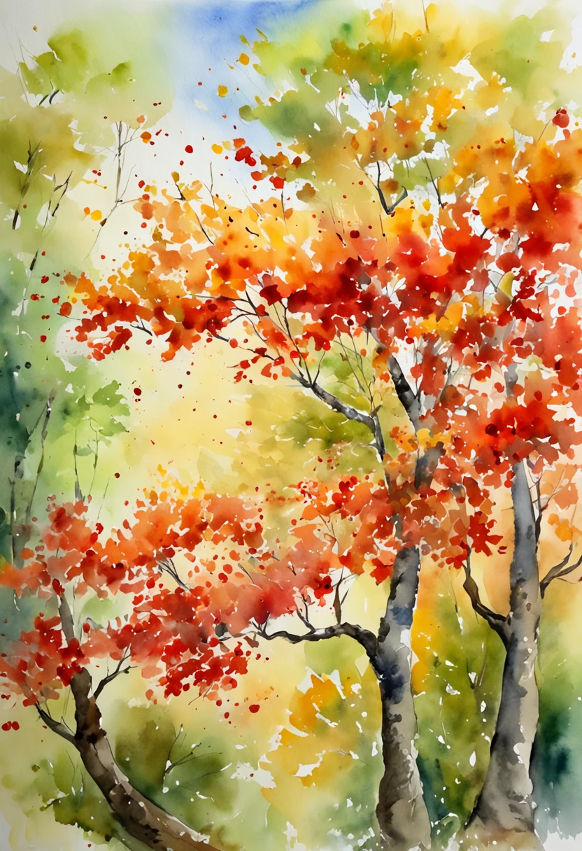 rays of sunshine，Red Maple，jungles，rios，Highest image quality，8K分辨率，（（a mosaic）），Hard-edge Painting，watercolor paiting，8K，Matte look,Li Tang,Impressionism,Ultra-close-up,ultra-wide-angle,hyper HD,ultra fine detailed,octaneratingrendering,Studio quality