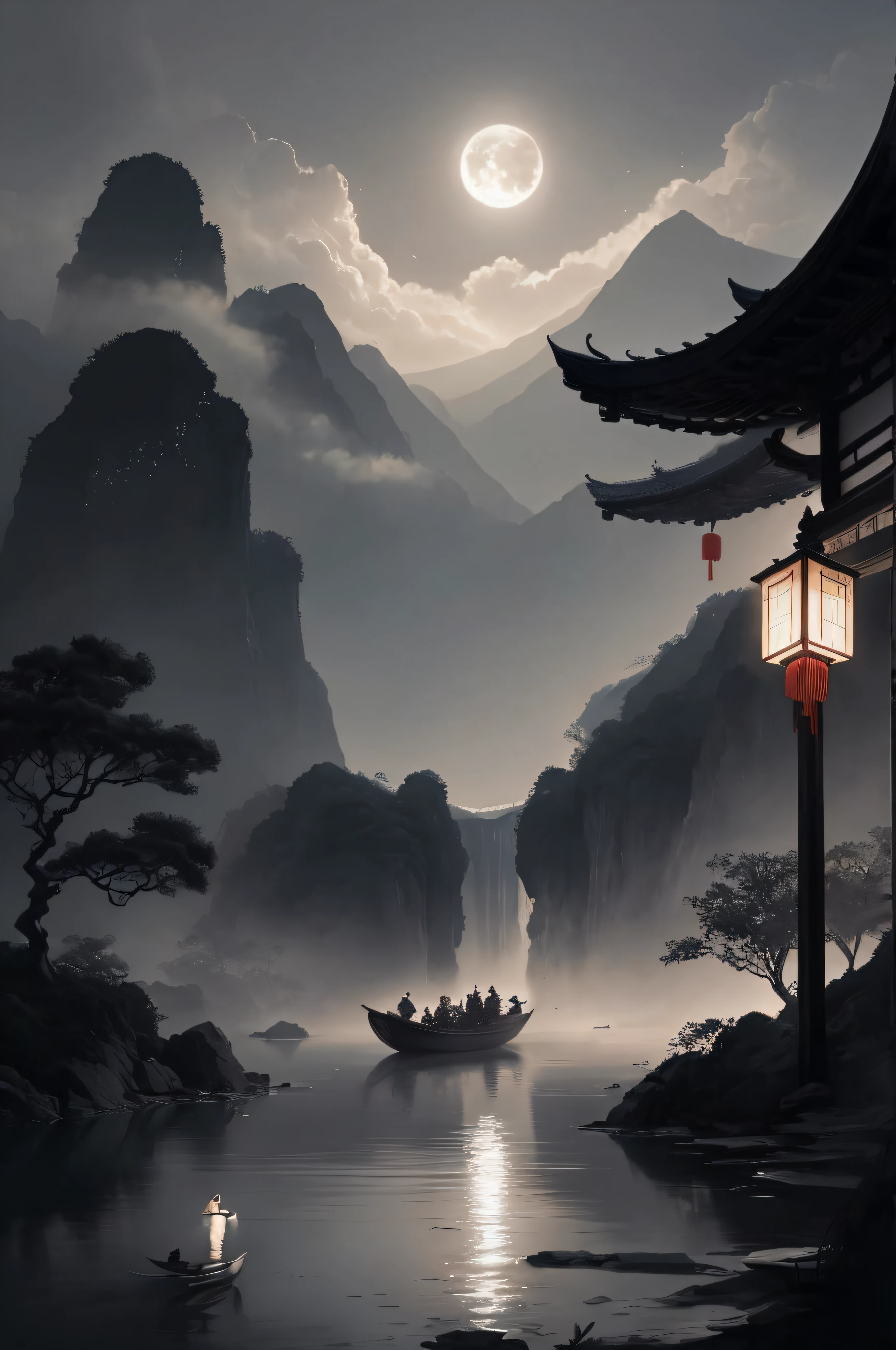 a painting of a boat floating in a river under a full moon, by Yang J, Chinese landscape, author:Wang Lei, Chinese fantasy, andreas rocha style, author:Fan Qi, by Raymond Han, author:Qu Leilei, inspired by Andreas Rocha, Inspired by Fenghua Zhong, author:Song Xu, 4k digital painting, 4 k digital painting
