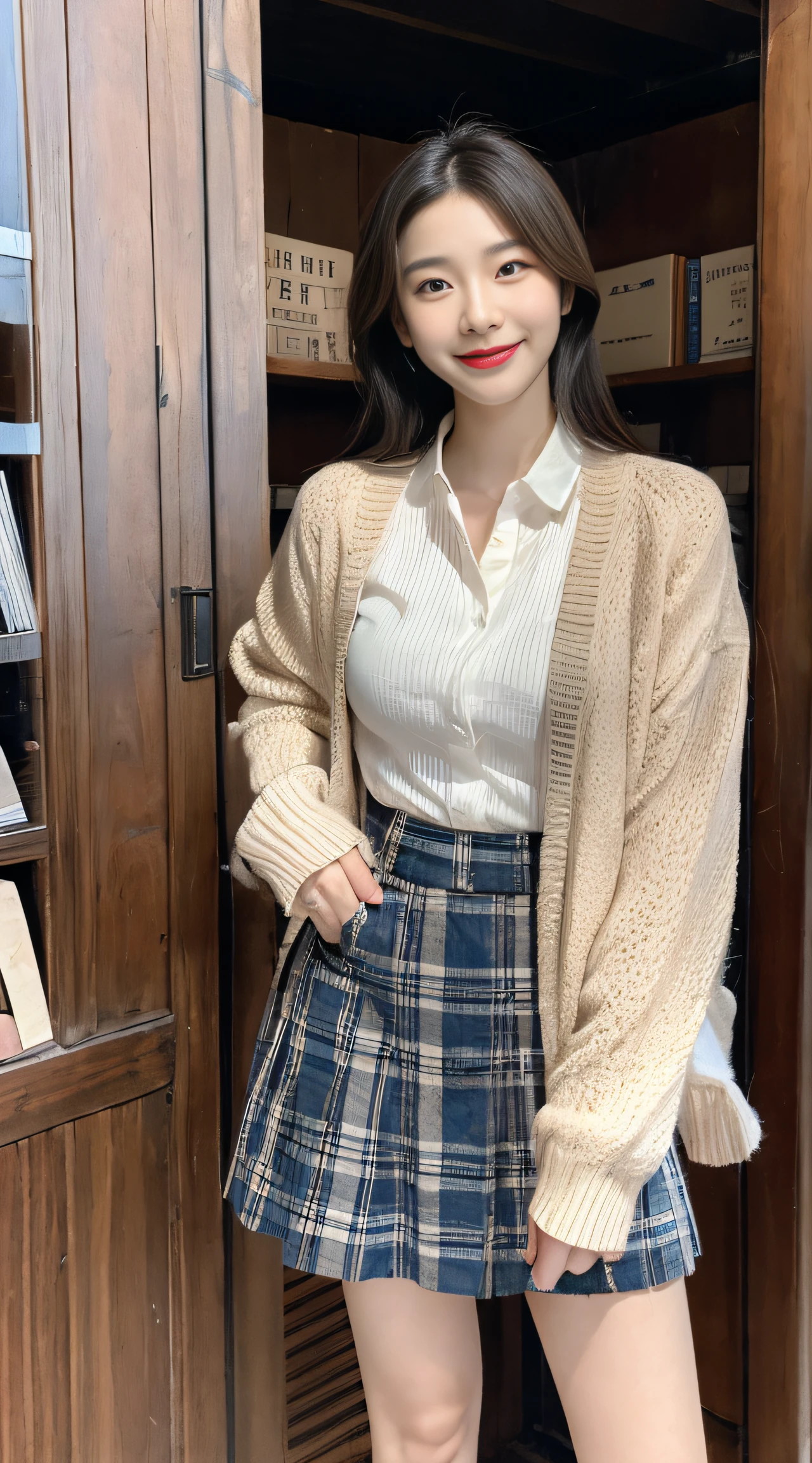 ((full body)),professional, 8k, RAW photo, best quality, ultra-detailed, (high detailed skin:1.2), highly detailed, 1girl, Quaint vintage bookstore with wooden shelves, Browsing through old books, A-line skirt, tucked-in blouse, cardigan, loafers, kpop idol makeup, (closed smile:1.2), natural skin texture, realistic pores skin, thin legs, narrow hips