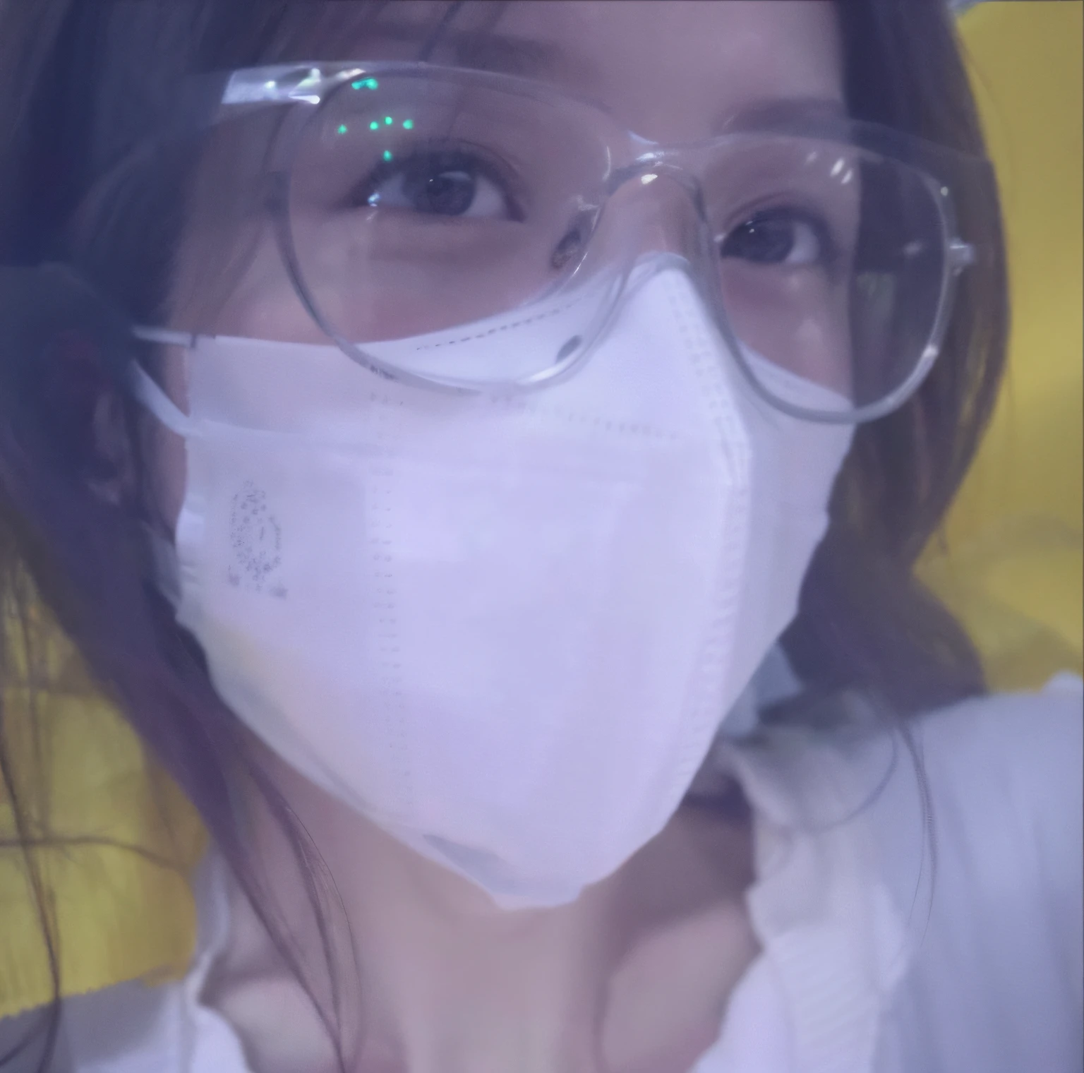 arafed woman wearing a face mask and glasses with a yellow background, wearing transparent glass mask, wearing mask, medical mask, surgical mask covering mouth, dust mask, wearing facemask, wearing a mask, wearing facemask and sunglasses, profile pic, mask, chiho, some of them use gask mask, one single mask, facemask, very very low quality