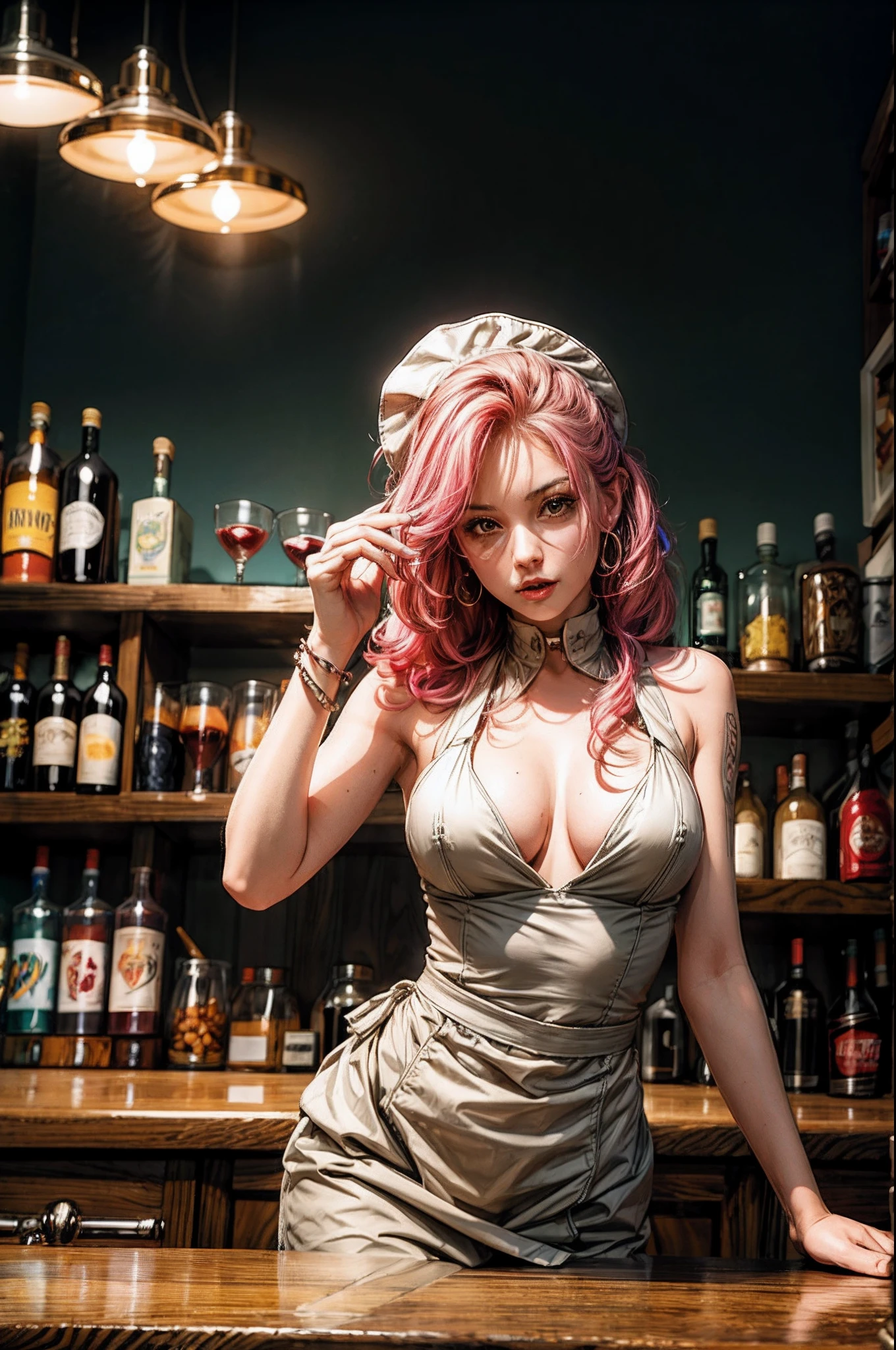 "A skilled female bartender expertly serves drinks in a vibrant bar scene."