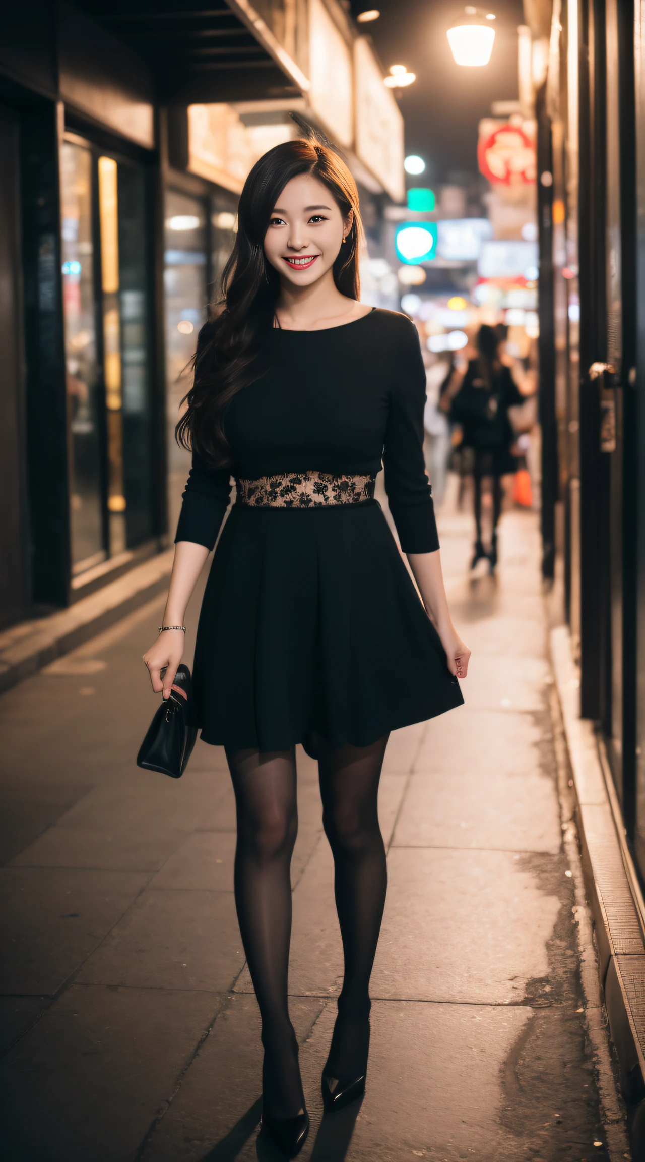 35mm photograph, film, bokeh, professional, (8k), RAW photo, best quality, ultra-detailed, (high detailed skin:1.2), highly detailed, 1girl, party dress, black pantyhose, high heels, kpop idol makeup, (closed smile:1.2), natural skin texture, realistic pores skin, (aesthetics and atmosphere:1.2), street, ((full body)), night, HongKong, , Hongkong street