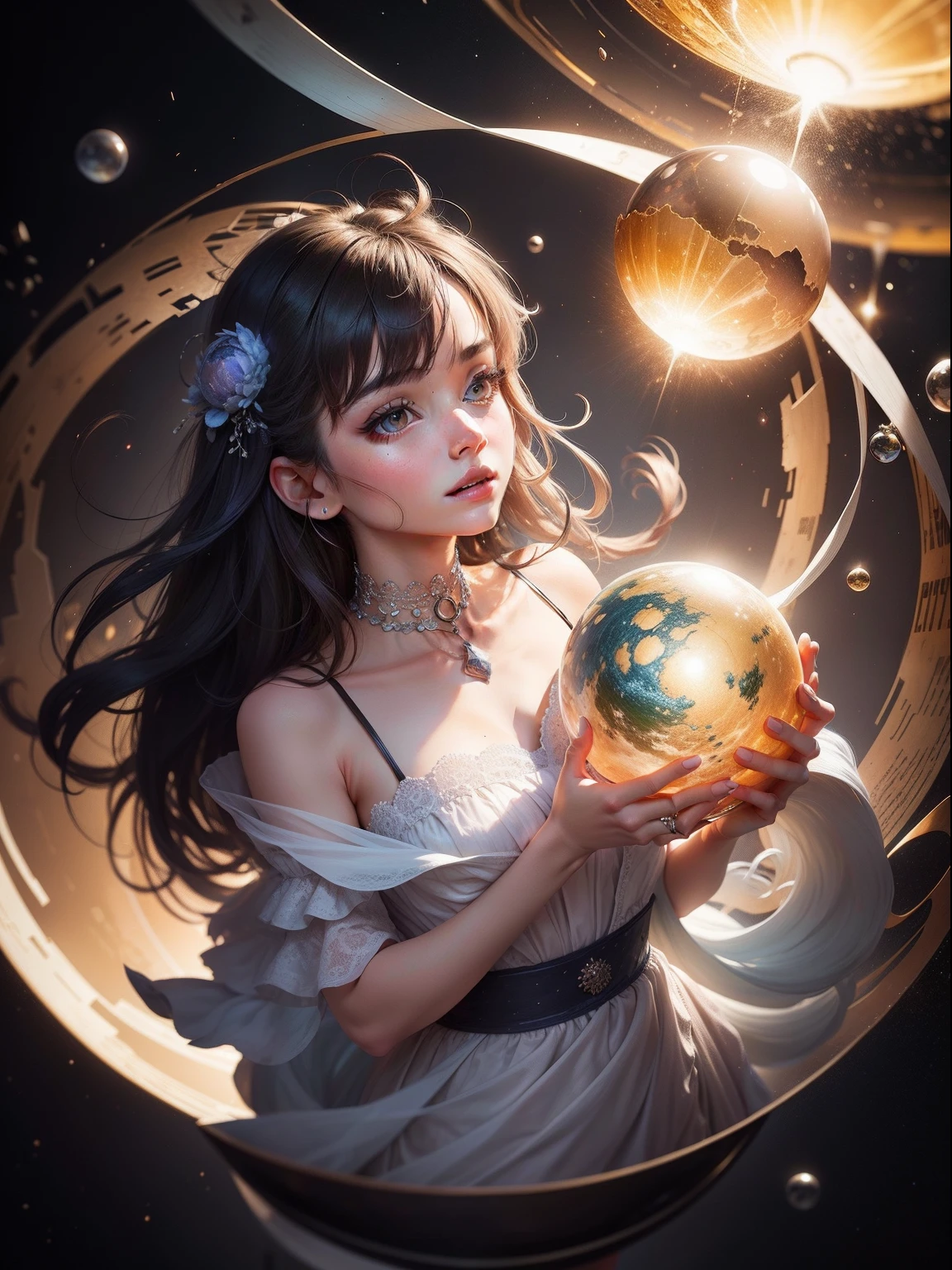 Countless fragments,Perfume origin,Wrapped in a sphere,Time and space mingle,loopy,observation,fanciful,illustration